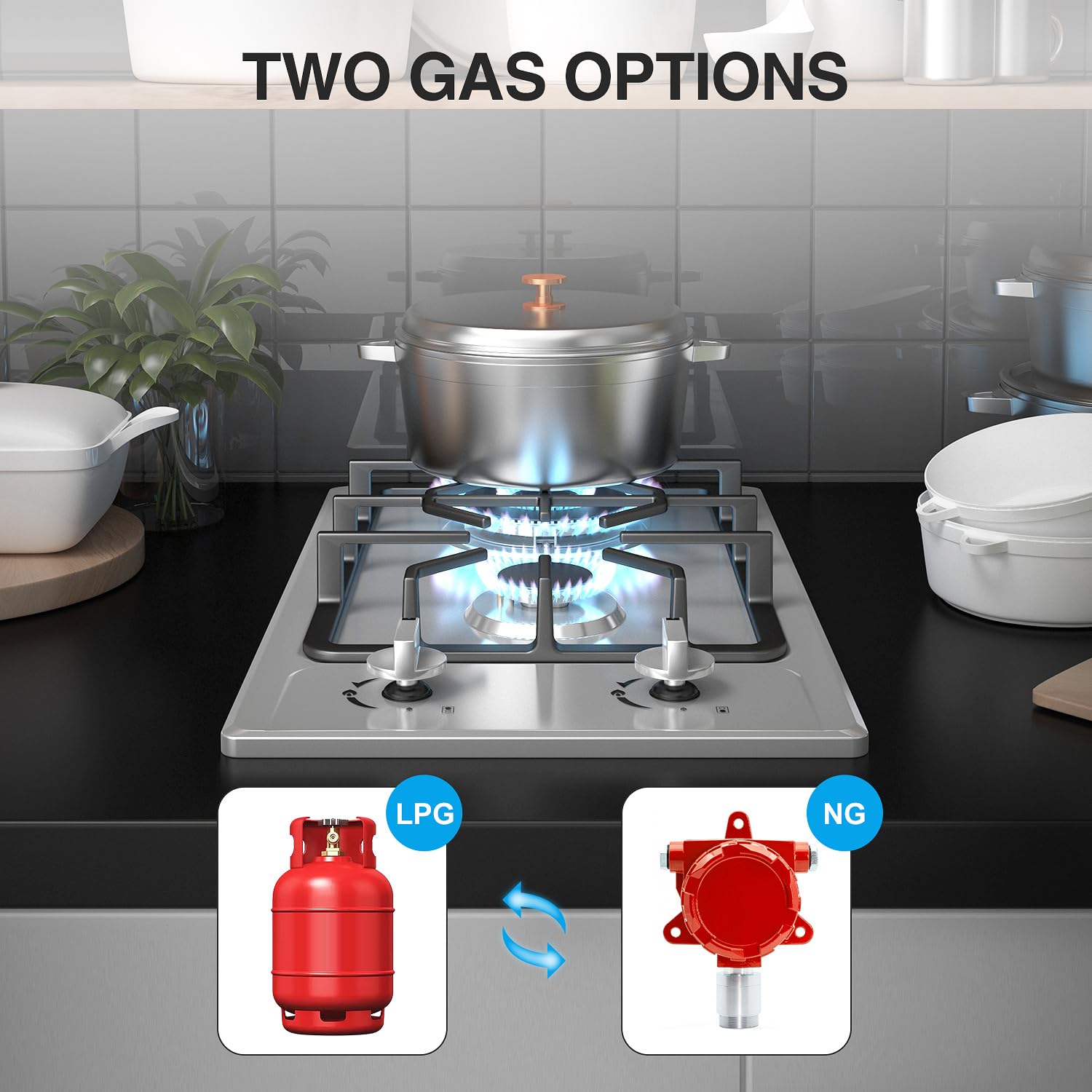 ANHANE 12 Inch 2 Burner Gas Cooktop - Portable Stainless Steel LPG/NG Dual Fuel Built-in Stove for RV, Apartment, Camping & Outdoor Cooking | Perfect for Small Kitchens, Tailgating & Emergency Preparedness