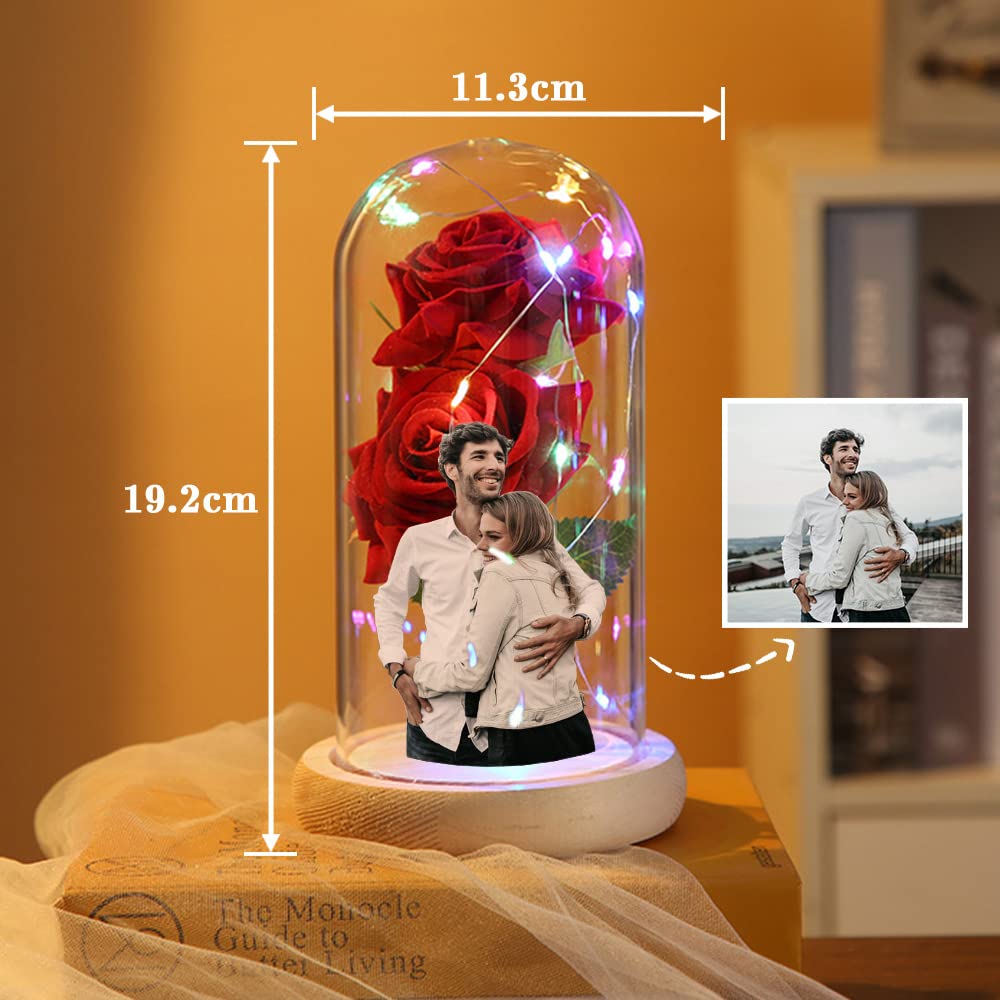 Custom Photo Text Red Silk Eternal Rose in Glass Dome with LED Light & Wood Base - Valentine's Day Home Decor, Anniversary Gift for Wife, Romantic Preserved Flower for Wedding, Proposal & Special Occasions