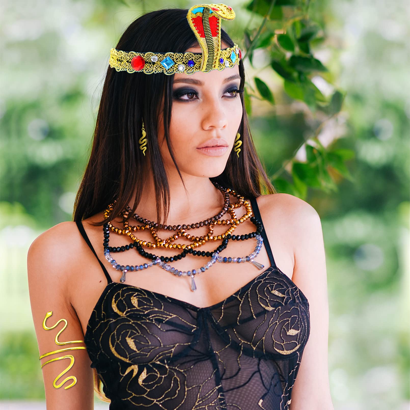 25Pcs Egyptian Cleopatra Costume Accessories Set - Golden Snake Headpiece, Arm Cuffs & Earrings for Cosplay, Halloween & Themed Parties | Vintage Pharaoh Jewelry Collection