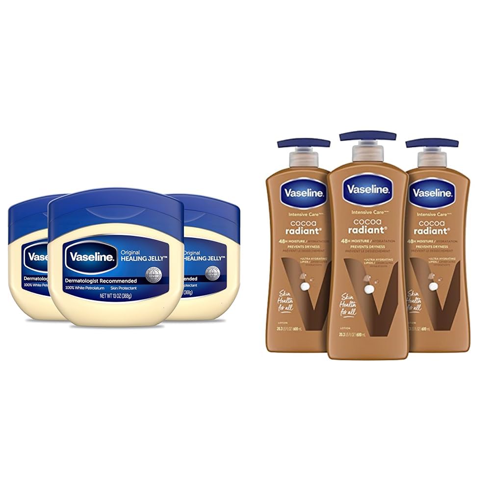 Vaseline Petroleum Jelly Original 3-Pack for Dry Skin Relief | Intensive Moisturizing Body Lotion with Cocoa Butter | Perfect for Daily Skin Care, Cracked Heels & Lip Balm | Hydrating Lotion for Face, Hands & Body