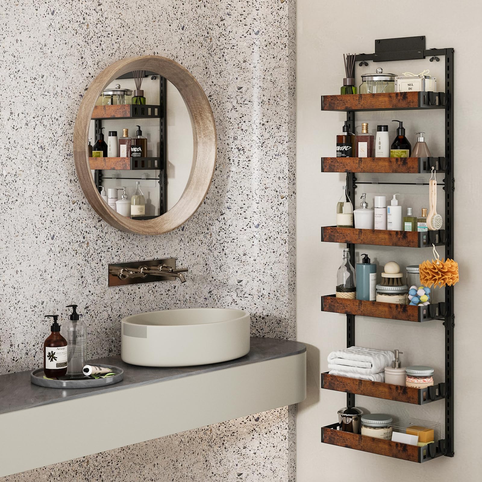 6-Tier Over the Door Pantry Organizer - Adjustable Wooden Basket Kitchen Storage with Heavy-Duty Metal Hooks (17.71