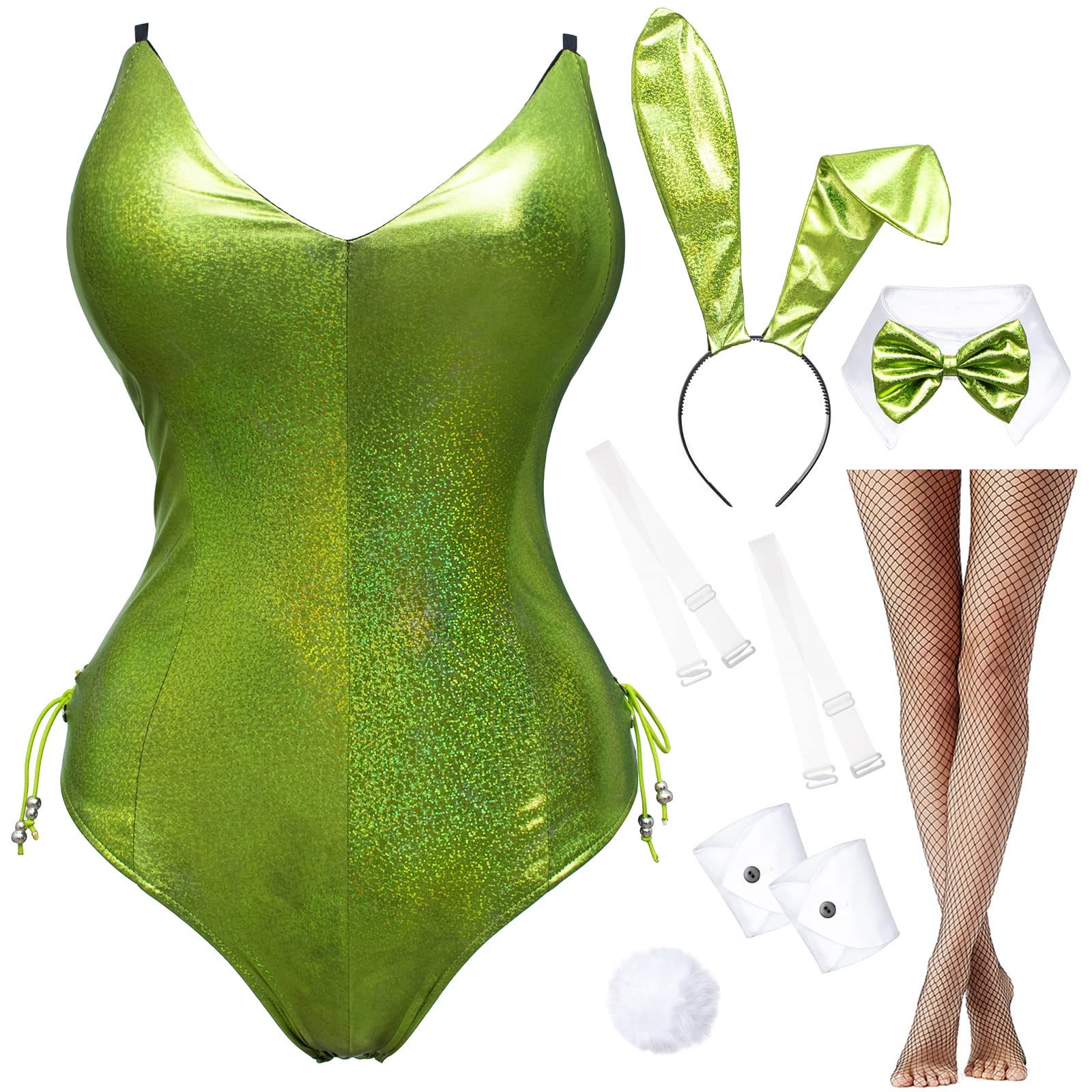 Women's Bunny Costume - Shiny Holographic Bodysuit with Stockings Set for Cosplay, Halloween, and Party Outfits | Sparkling Senpai One-Piece Jumpsuit