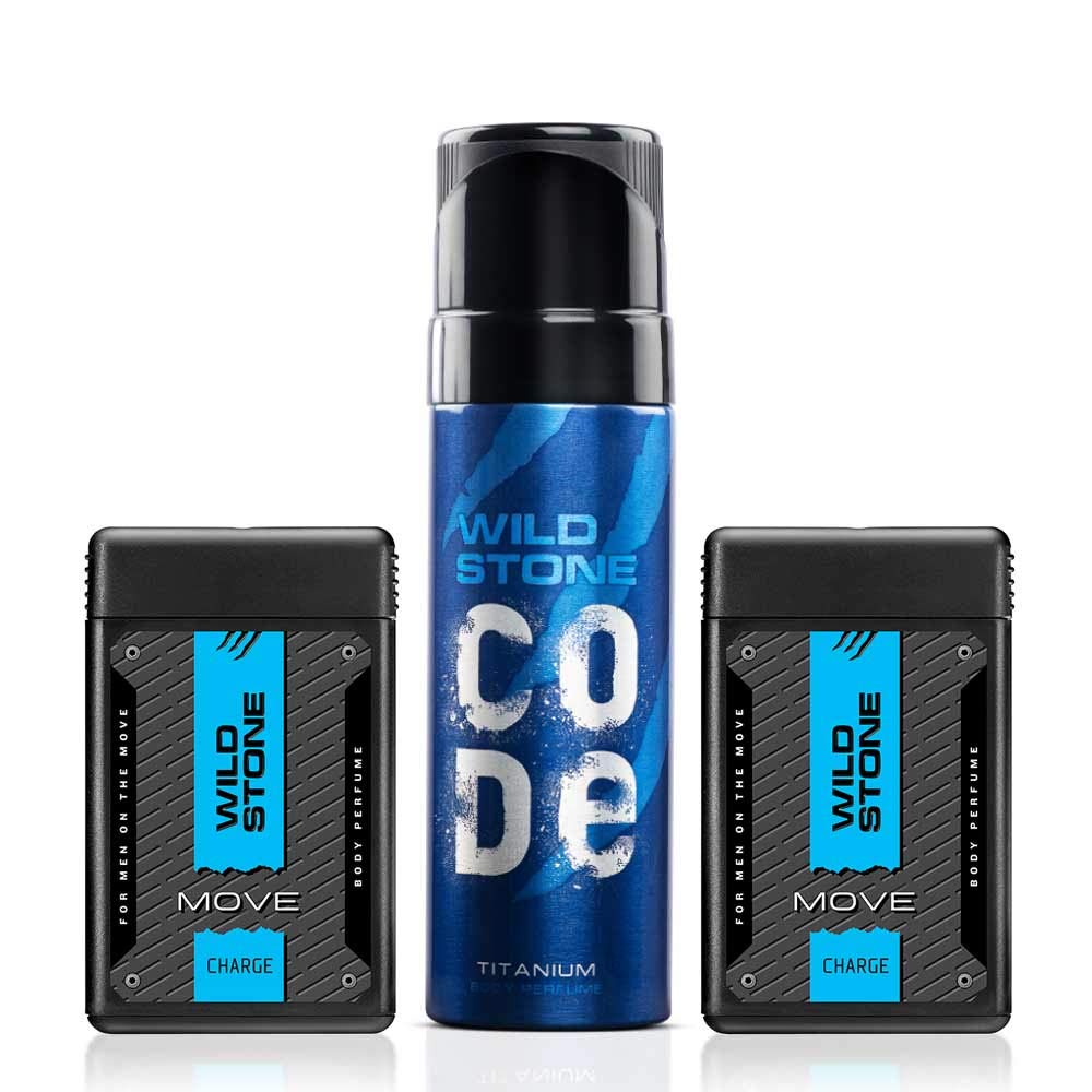 Wild Stone Charge & Code Titanium Perfume Combo for Men - 18ml Pocket Perfume & 120ml Body Spray (Pack of 3) | Long-Lasting Fragrance for Work, Date Night & Daily Use