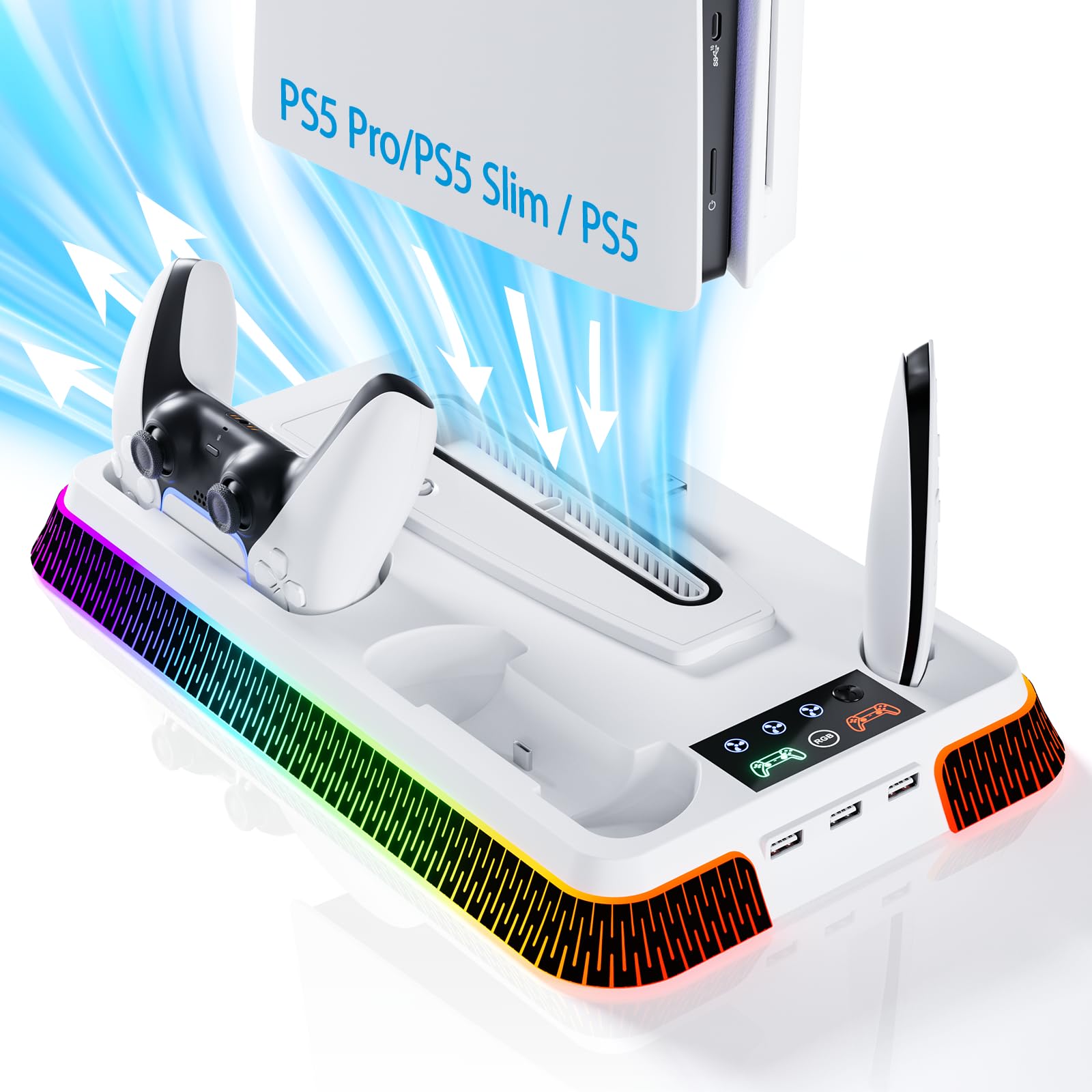 PS5 Cooling Stand with RGB Lights & Turbo Fan - Dual Charging Station & Headset Holder for PlayStation 5 Digital/Disc Edition - Vertical Gaming Stand with 3-Speed Cooling System - Perfect for Long Gaming Sessions & Console Protection