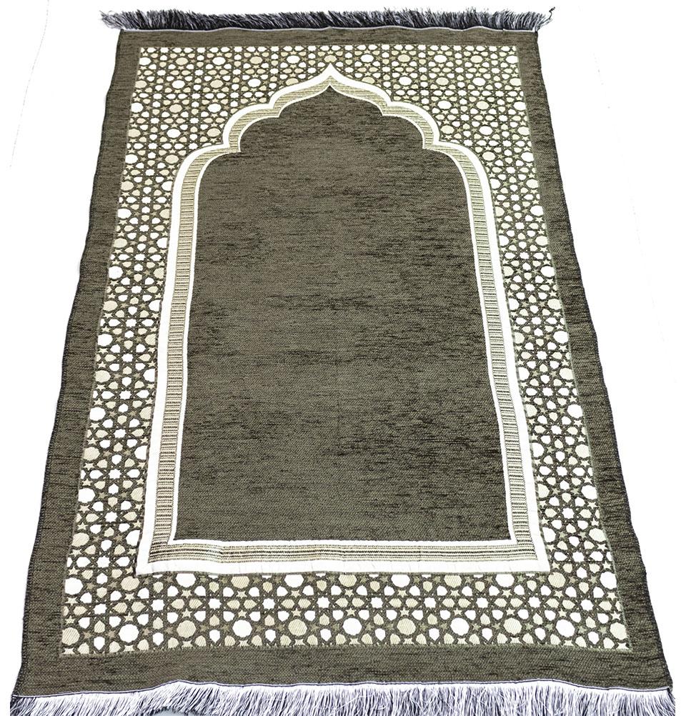 Premium Chenille Embroidered Selcuk Star Islamic Prayer Rug - Soft Khaki Green Prayer Mat for Home, Mosque & Travel - Perfect for Daily Salah, Jumu'ah & Ramadan Worship