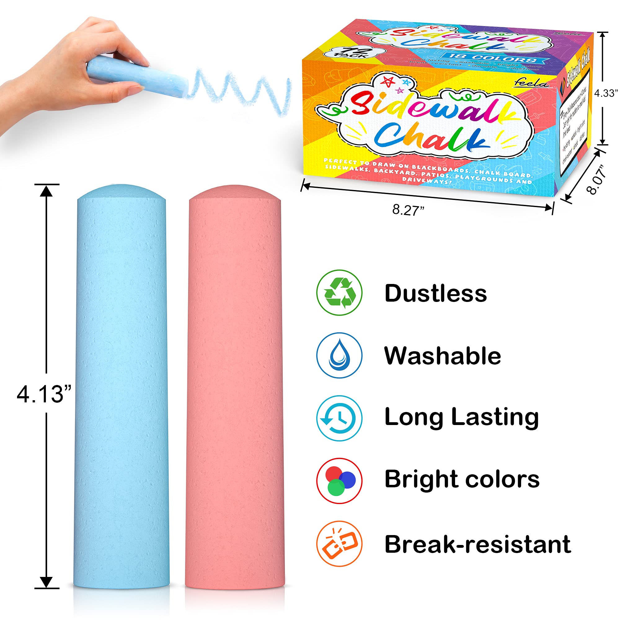Feela 72-Piece Jumbo Sidewalk Chalk Set - 18 Vibrant Colors for Outdoor Play, Blackboard & Street Art - Perfect for Kids, Family Fun, School Activities & Playground Creativity