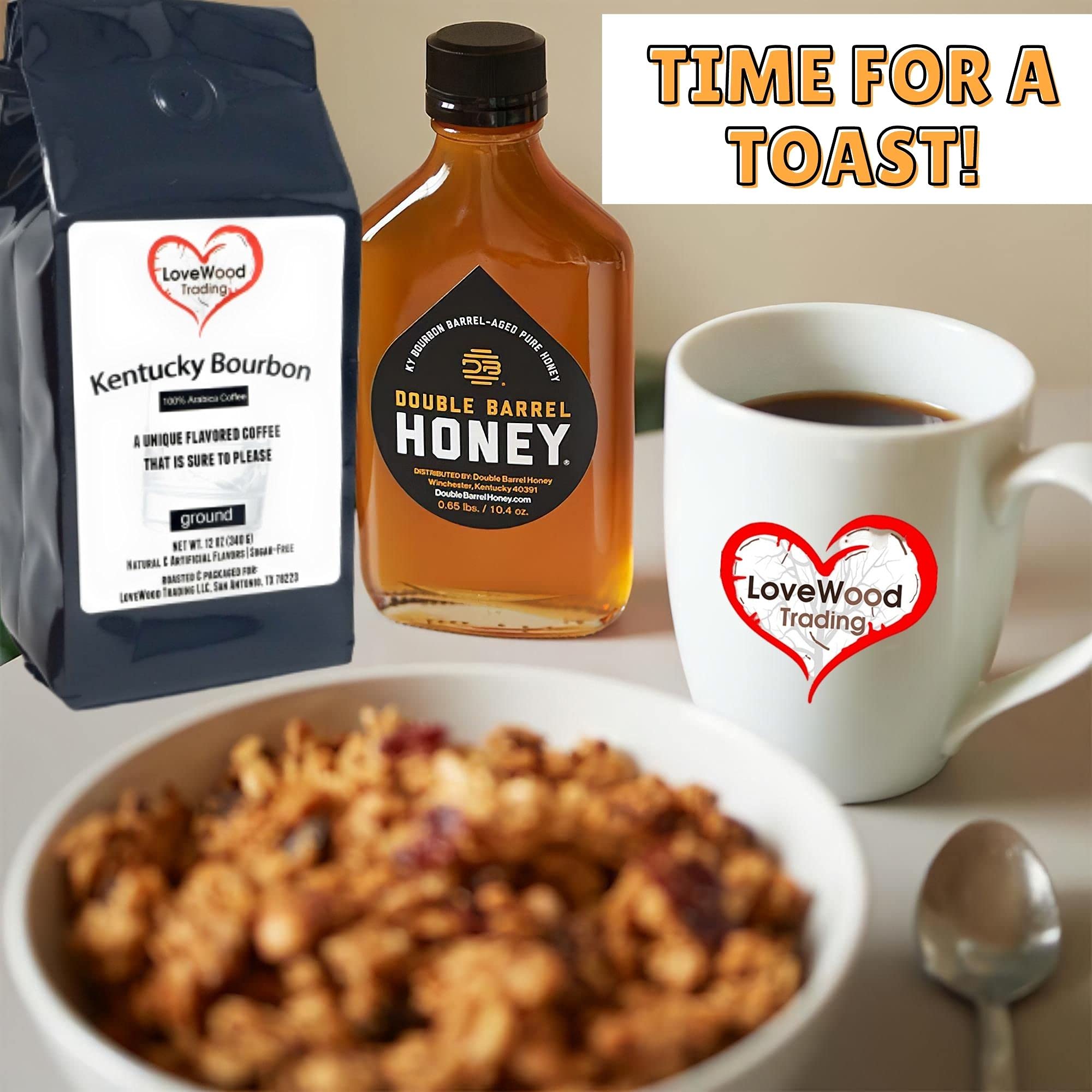 Kentucky Bourbon Coffee & Pure Aged Honey Gift Set - 12oz Arabica Ground Coffee Beans & 10.4oz Double Barrel Honey - Sugar Free, Natural Flavors - Perfect for Gourmet Gifts, Breakfast Pairing & Coffee Lovers