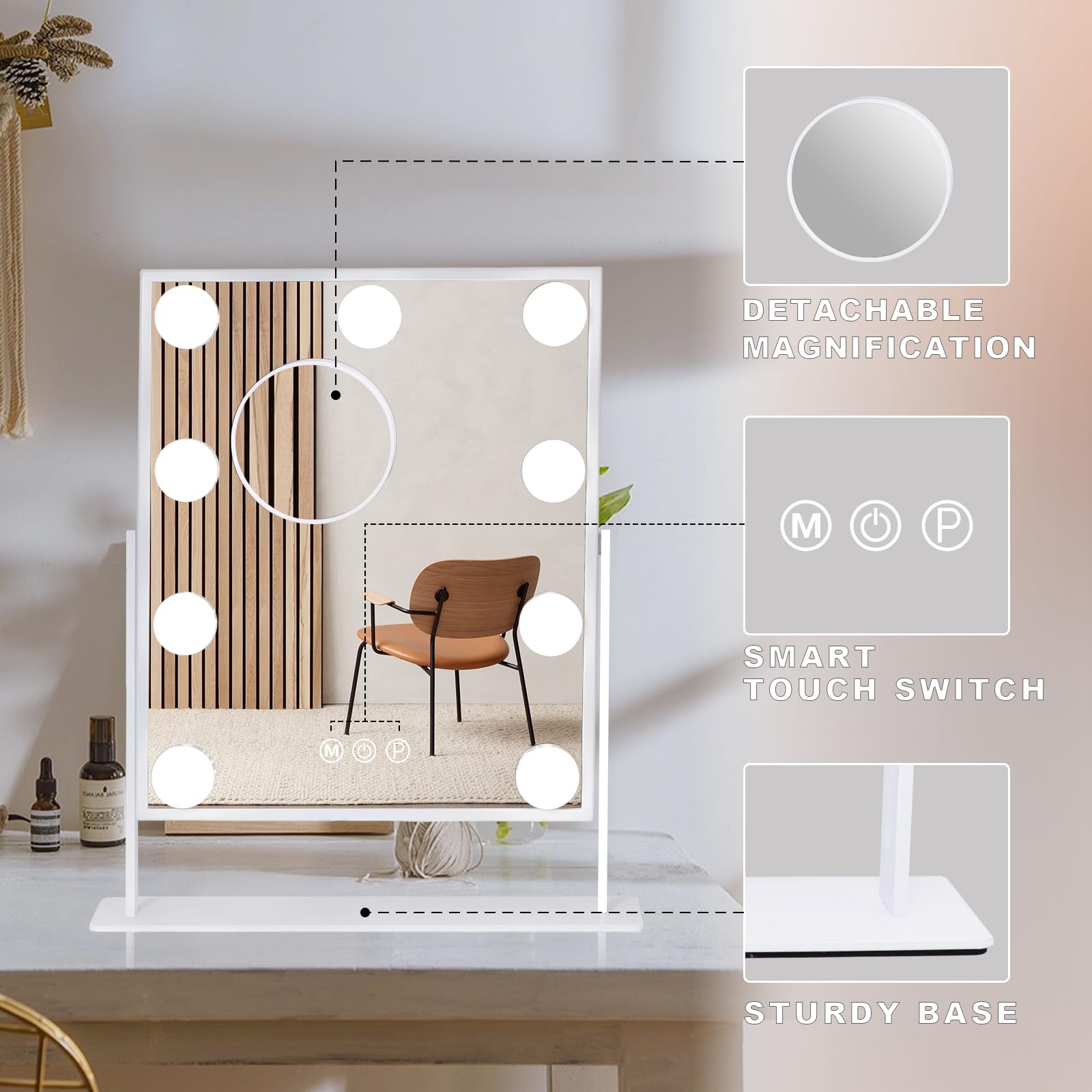 Hollywood Vanity Mirror with Lights - 9 Dimmable LED Bulbs, 3 Color Lighting Modes, Detachable 10X Magnifying Mirror & 360° Rotation - Perfect for Makeup, Skincare & Hair Styling (White)