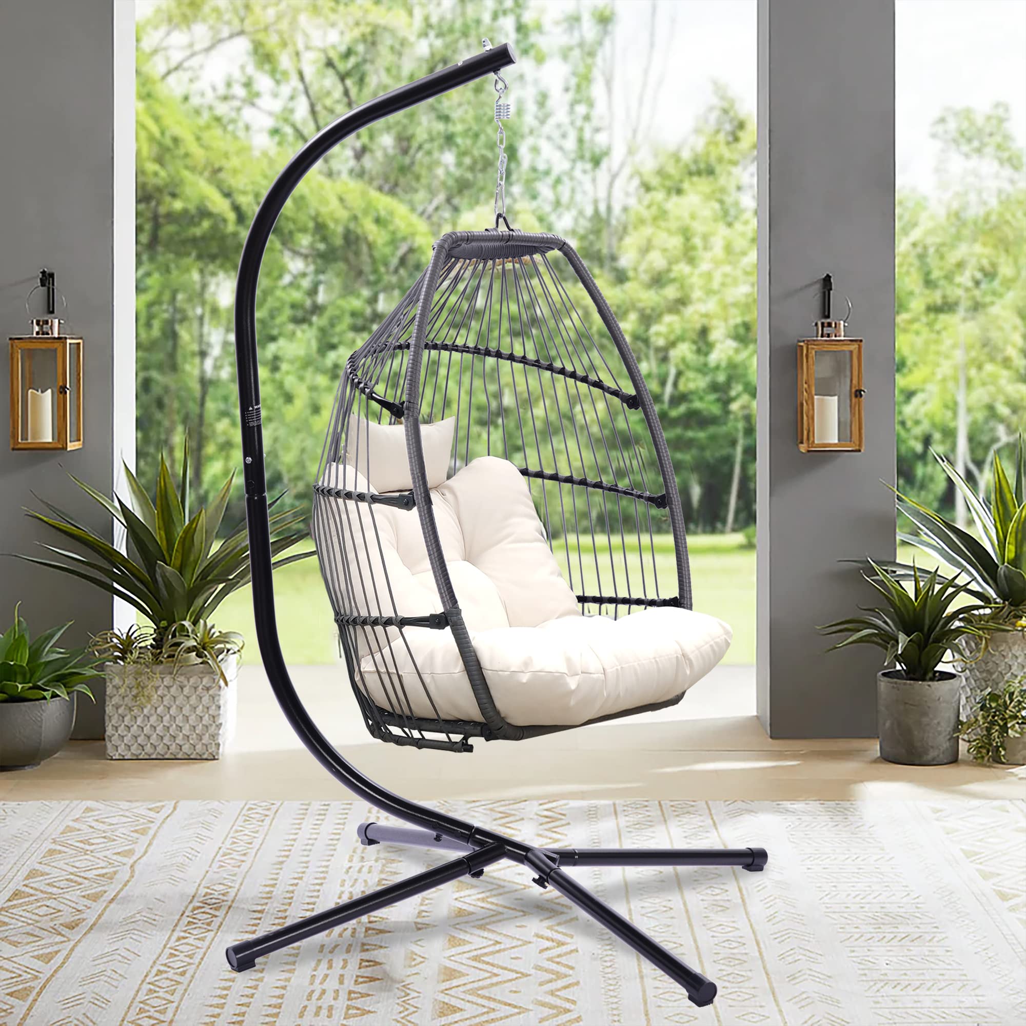 PE Rattan Wicker Swing Chair - Foldable Hanging Egg Chair with Steel Stand & Comfort Cushion - Patio Hammock Chair for Balcony, Poolside, Garden, Backyard - Outdoor Relaxation & Boho Decor (Beige)