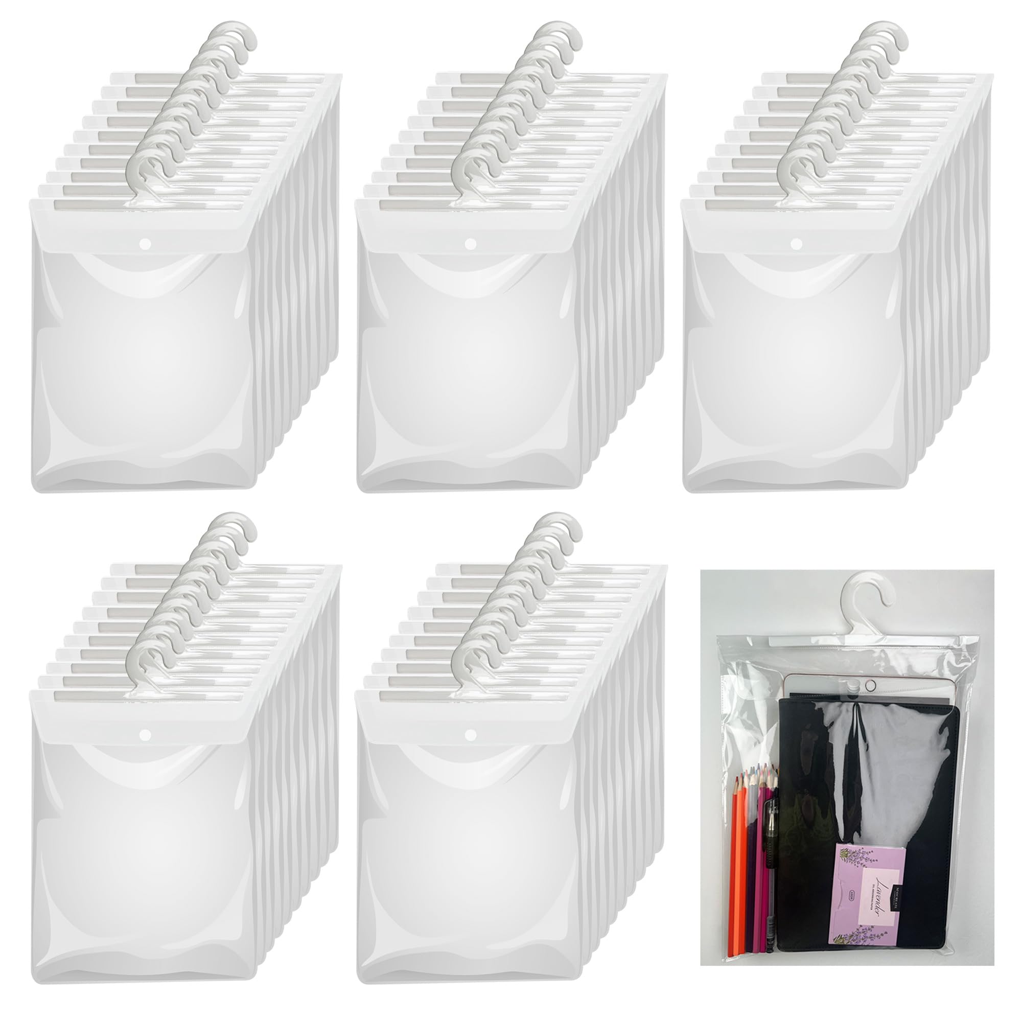 50 Pack Clear Hanging Storage Bags with Hooks - 13