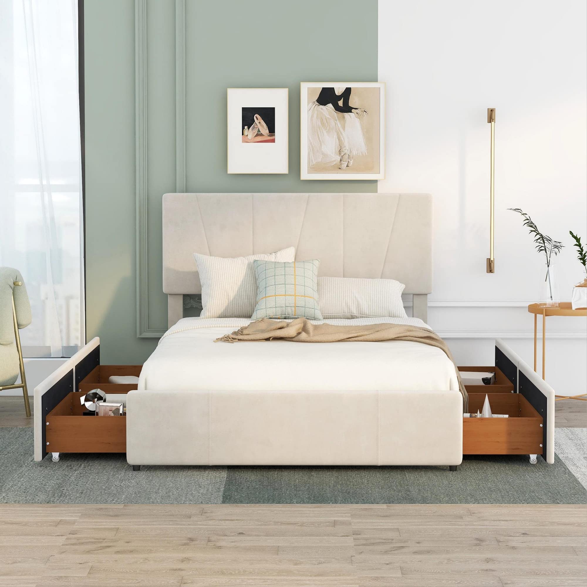 Full Size Storage Bed Frame with Adjustable Upholstered Headboard - Velvet Fabric Platform Bed with 4 Drawers, No Box Spring Required (Beige) | Perfect for Small Bedrooms, Guest Rooms & Apartment Living