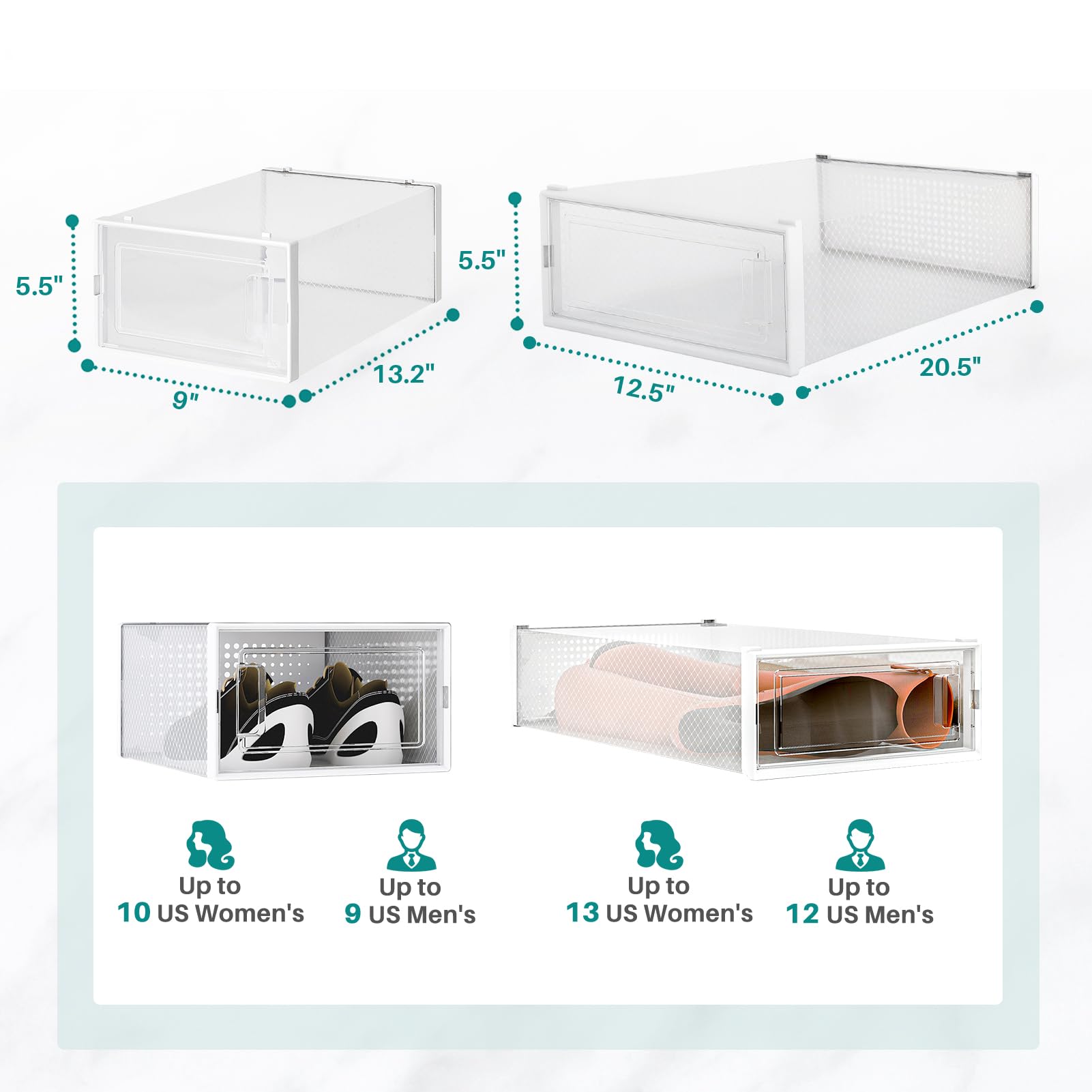 PARANTA 8-Piece Boot Storage Box & 12-Piece Shoe Organizer - Stackable Clear Plastic Shoe Box with Transparent Door for Closet, Entryway, and Bedroom Organization