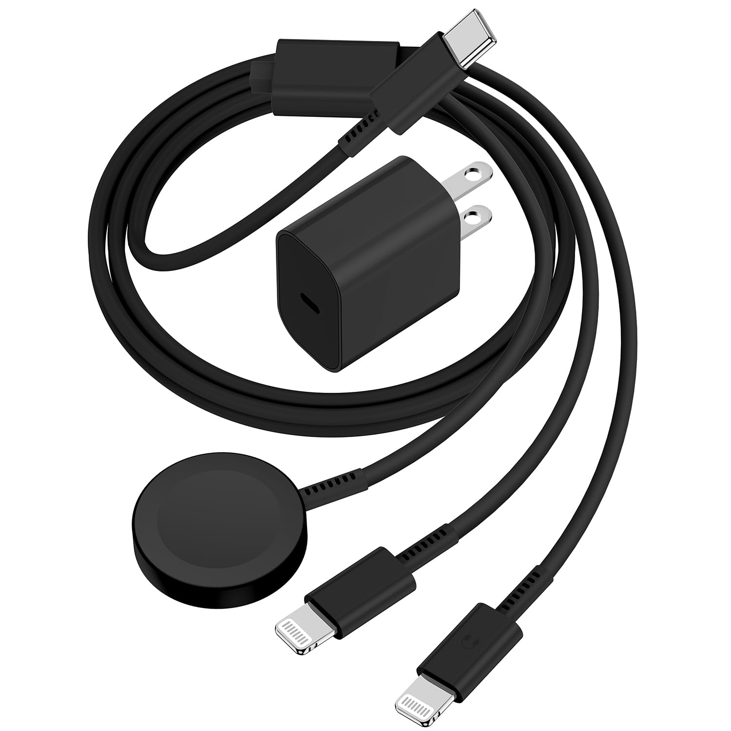 3-in-1 Magnetic Fast Charging Cable for Apple Watch Series Ultra/9/8/7/6/5/4/3/SE & iPhone 14/13 - 6ft USB-C Charger with 20W Power Adapter (Black) | Perfect for Travel, Office, and Nightstand Charging