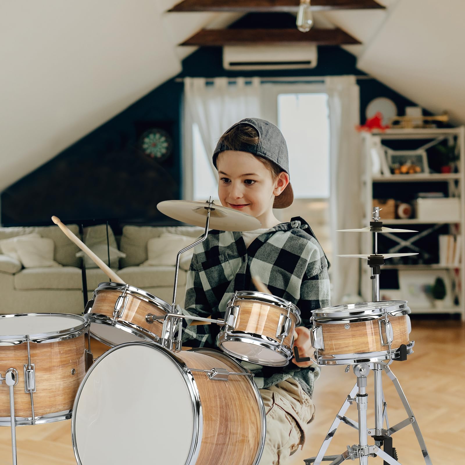 14 Inch 5-Piece Junior Drum Set Complete with Cymbals, Hi-Hat Stand, Sticks, Pedal & Stool - Perfect Wooden Drum Kit for Kids Beginners - Ideal for Home Practice, Music Lessons & Rock Band Performances
