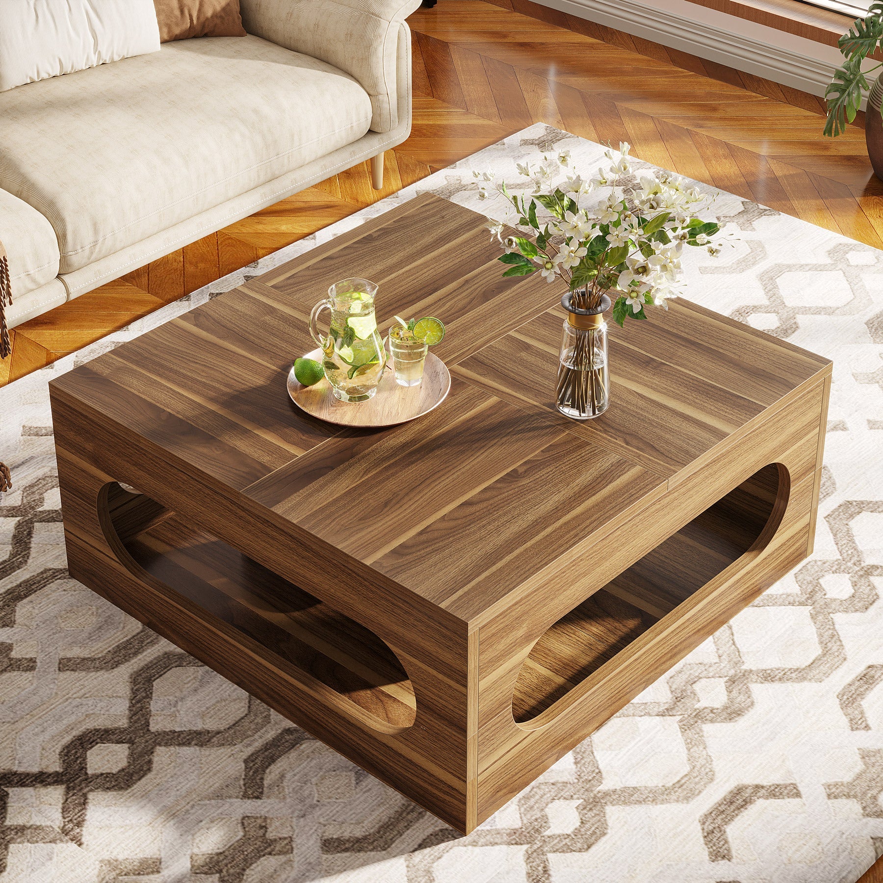 2-Tier Wooden Coffee Table with LED Strip Lights - Modern Square Center Tea Table for Living Room, Bedroom & Office Decor