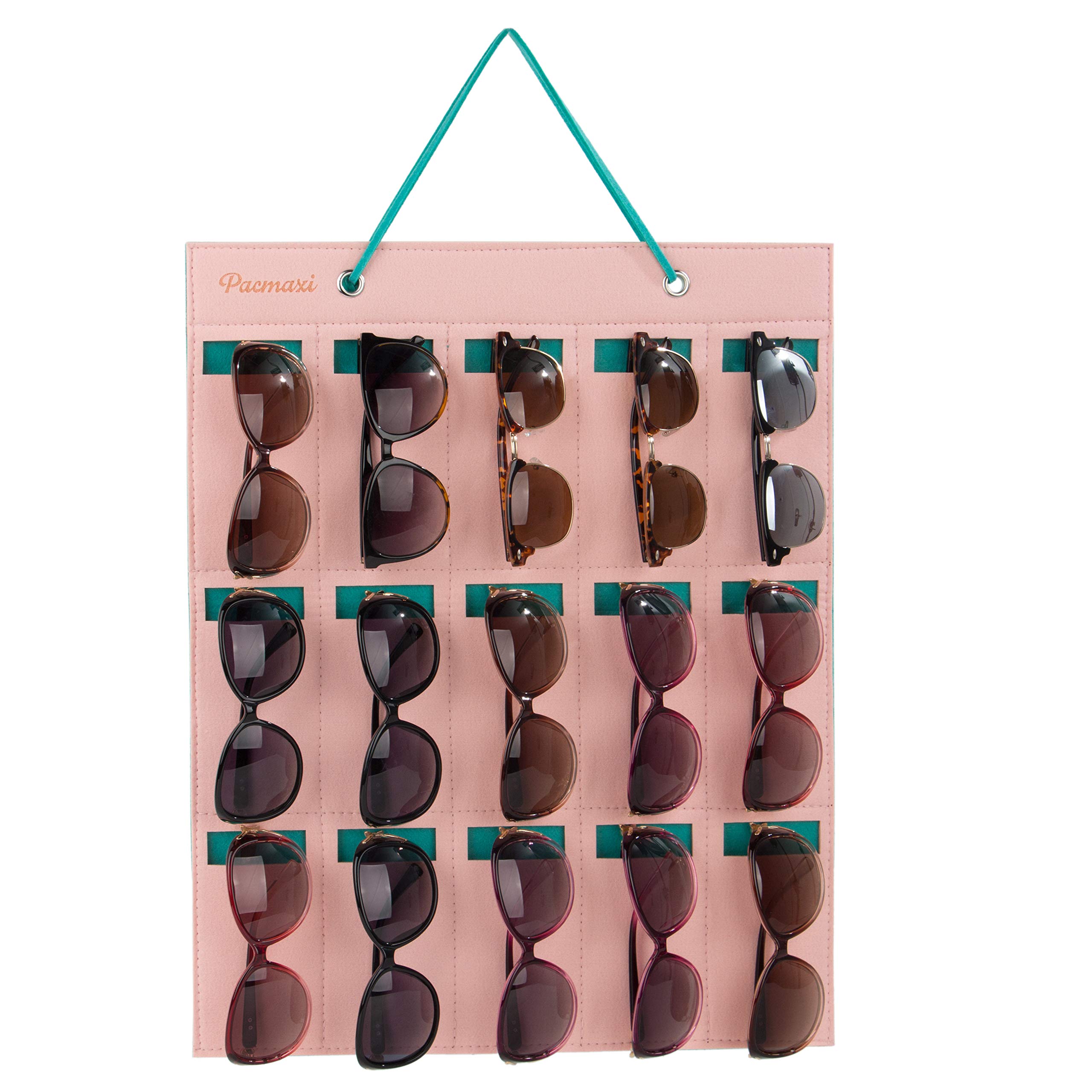 PACMAXI Sunglasses Storage Organizer - 15 Slot Wall Mounted Eyeglass Holder for Sunglasses & Eyewear Display (Pink + Green) - Perfect for Bedroom, Bathroom, Office & Retail Store Organization