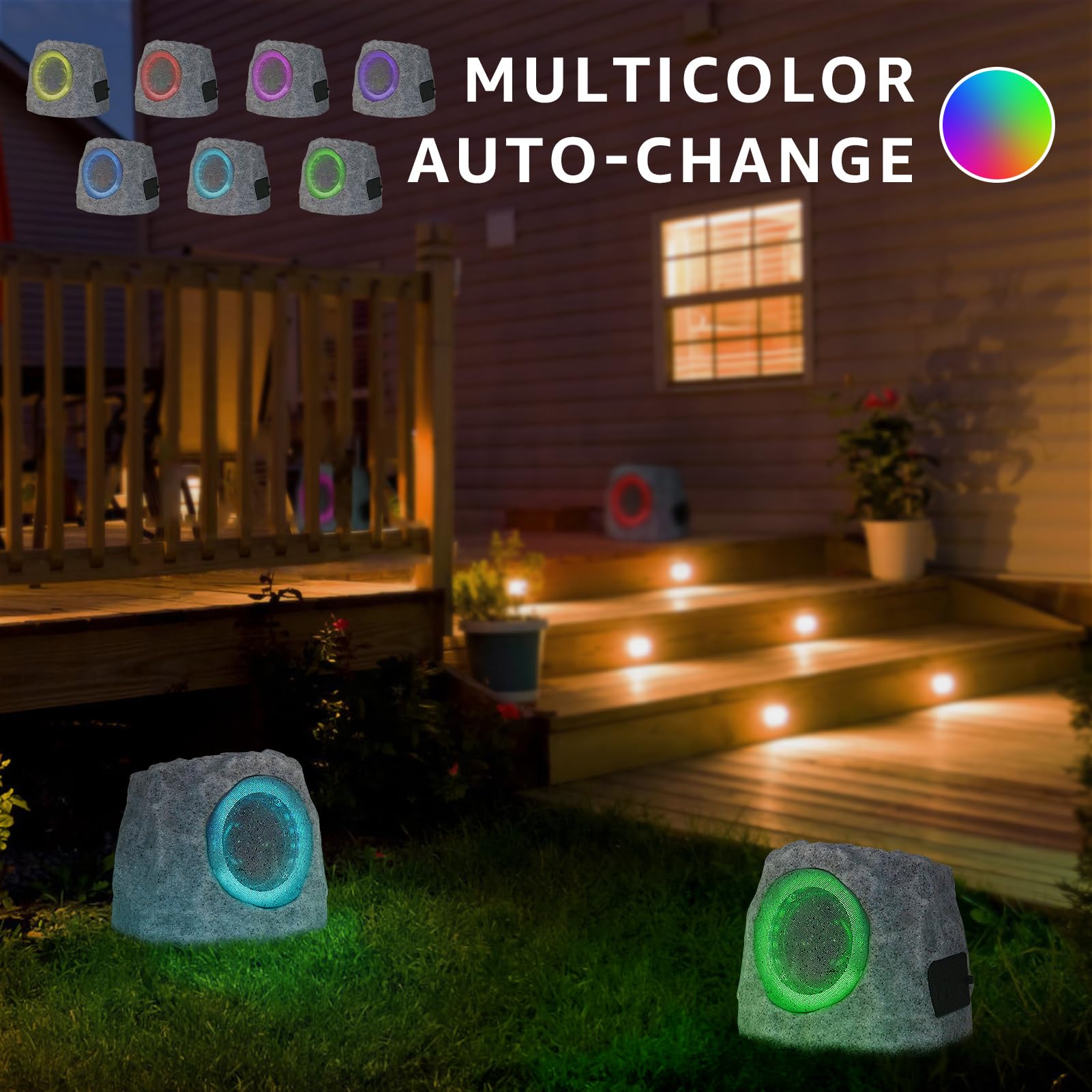 Outdoor Waterproof Bluetooth Rock Speakers - Solar Powered Wireless Pair with RGB Lights & USB Rechargeable Battery for Patio, Deck, Pool, Garden (2 Pack) | Perfect for Backyard Parties, Landscape Decor & Outdoor Entertainment