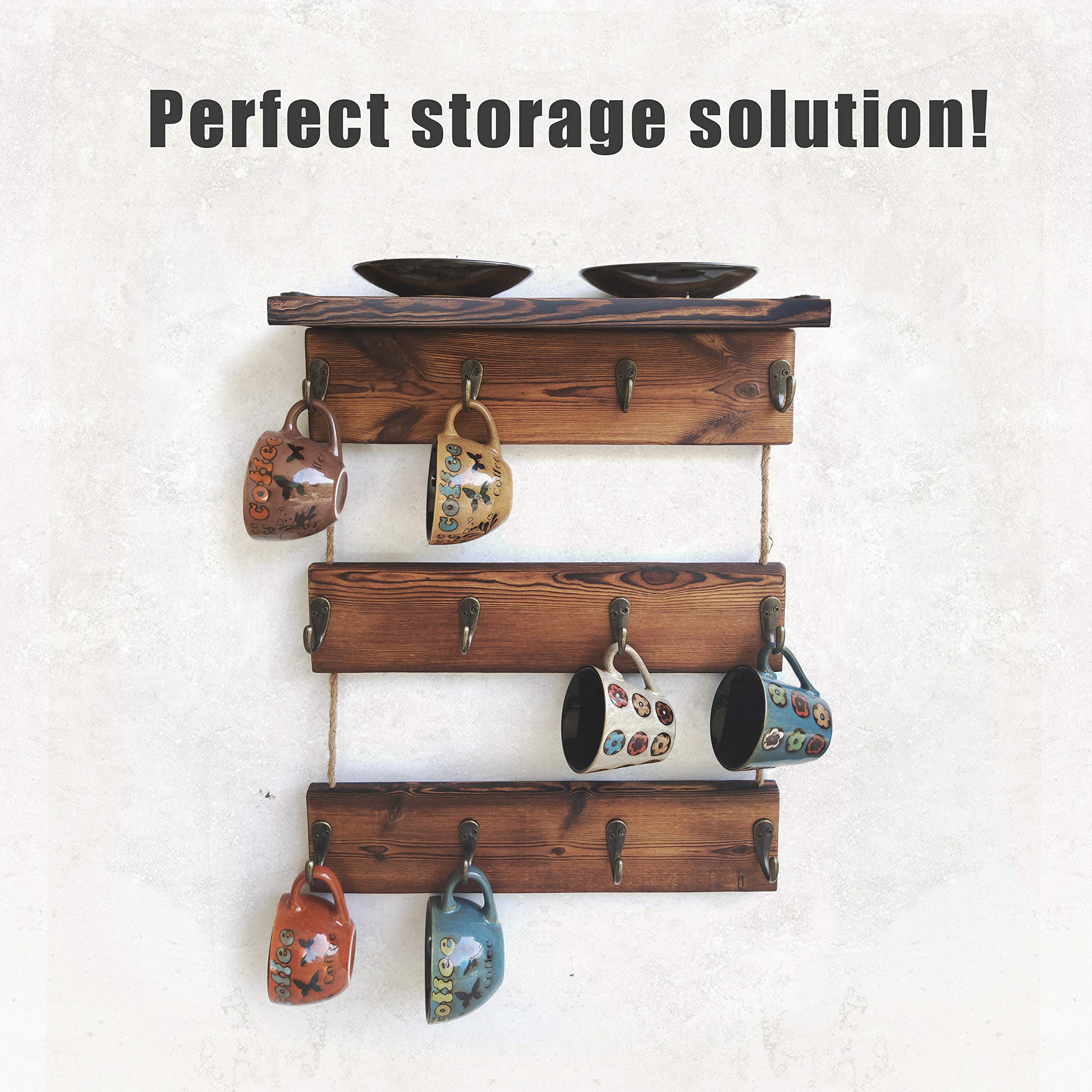 12 Hooks Solid Wood Coffee Cup Holder with Shelf - Rustic Mug Rack for Kitchen, Coffee Bar & Farmhouse Decor - Perfect for Organizing Mugs, Spices & Displaying Decor in Home, Cafe or Office