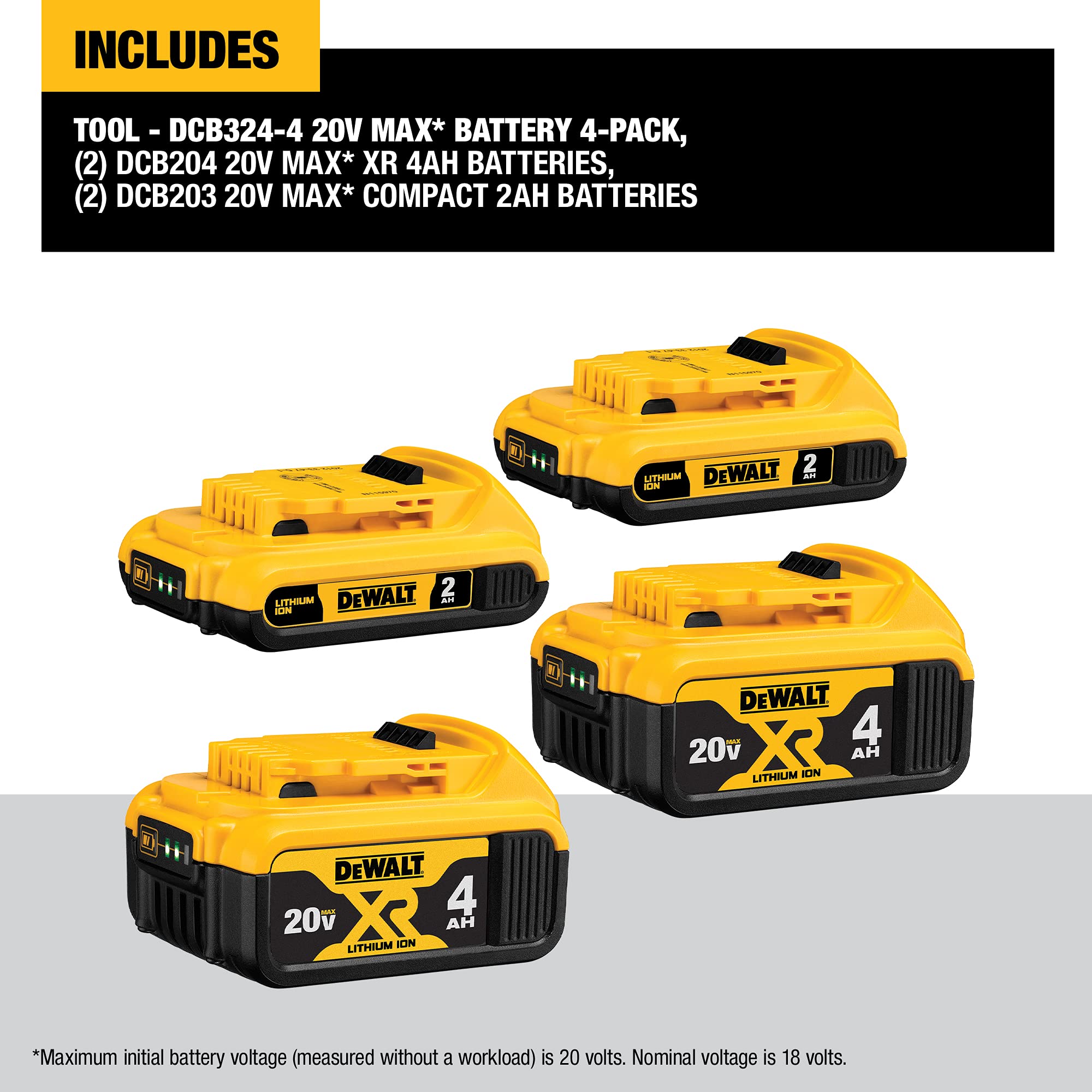 DEWALT 20V MAX Lithium Ion Battery Pack (4Ah & 2Ah, 4-Pack) with Dual Charging Station - Compatible with 12V/20V MAX Tools - Ideal for Construction, DIY Projects & Jobsite Power Needs (DCB3244 & DCB102)