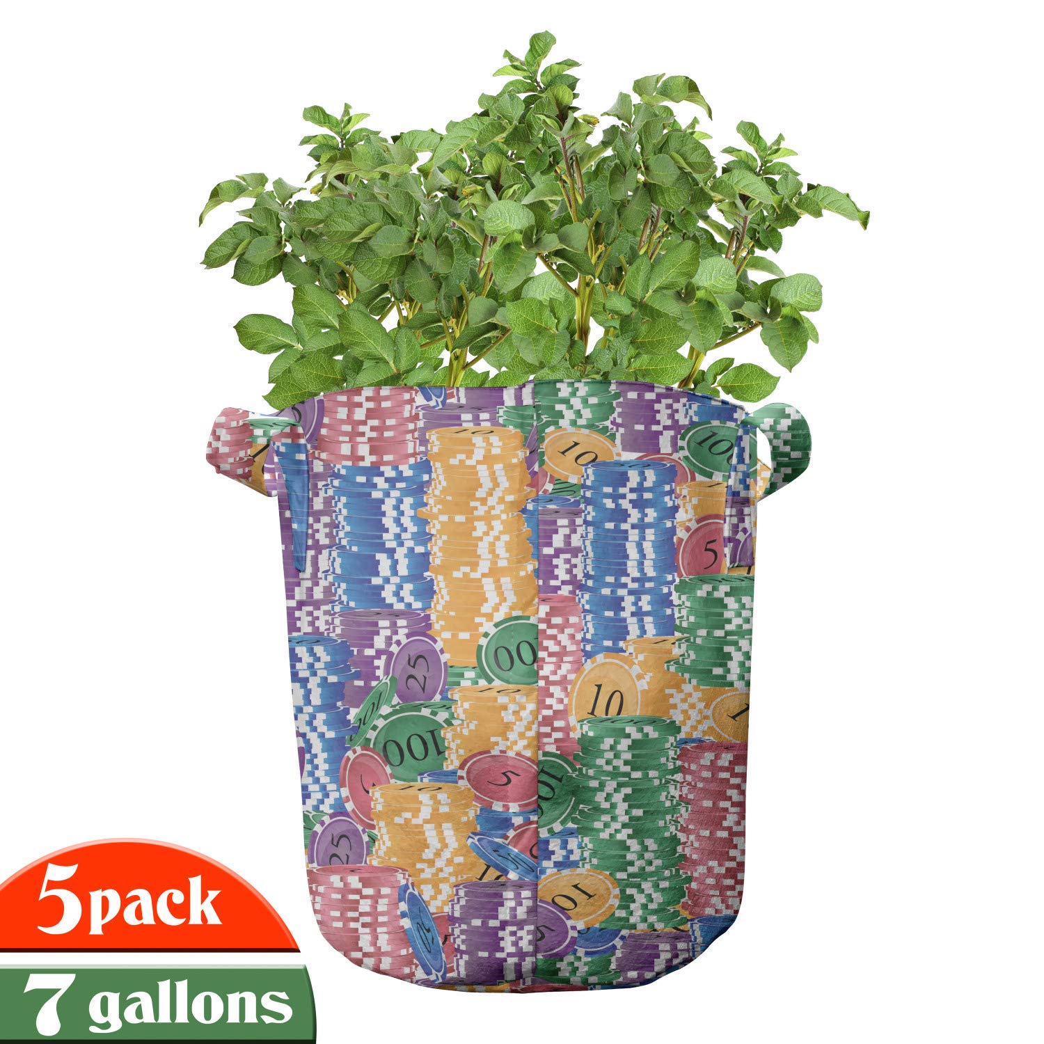 Ambesonne 5-Pack Colorful 7 Gallon Heavy Duty Fabric Grow Bags with Handles - Casino Chips Luck Design for Indoor/Outdoor Plants, Gardening & Container Planting