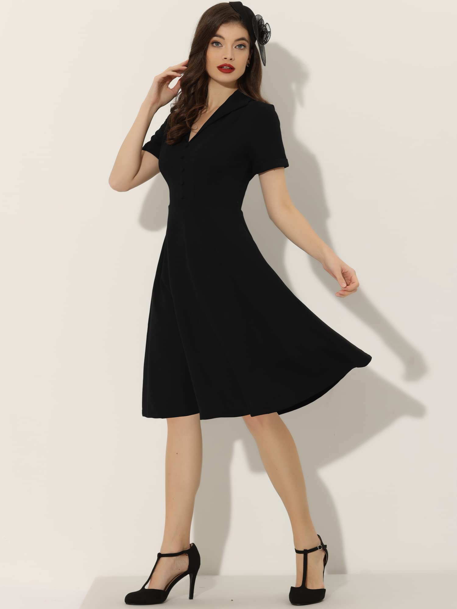 Allegra K Women's Vintage Fit and Flare Dress - 2025 Spring Short Sleeve Flat Collar Casual Sundress for Brunch, Garden Party & Summer Outings