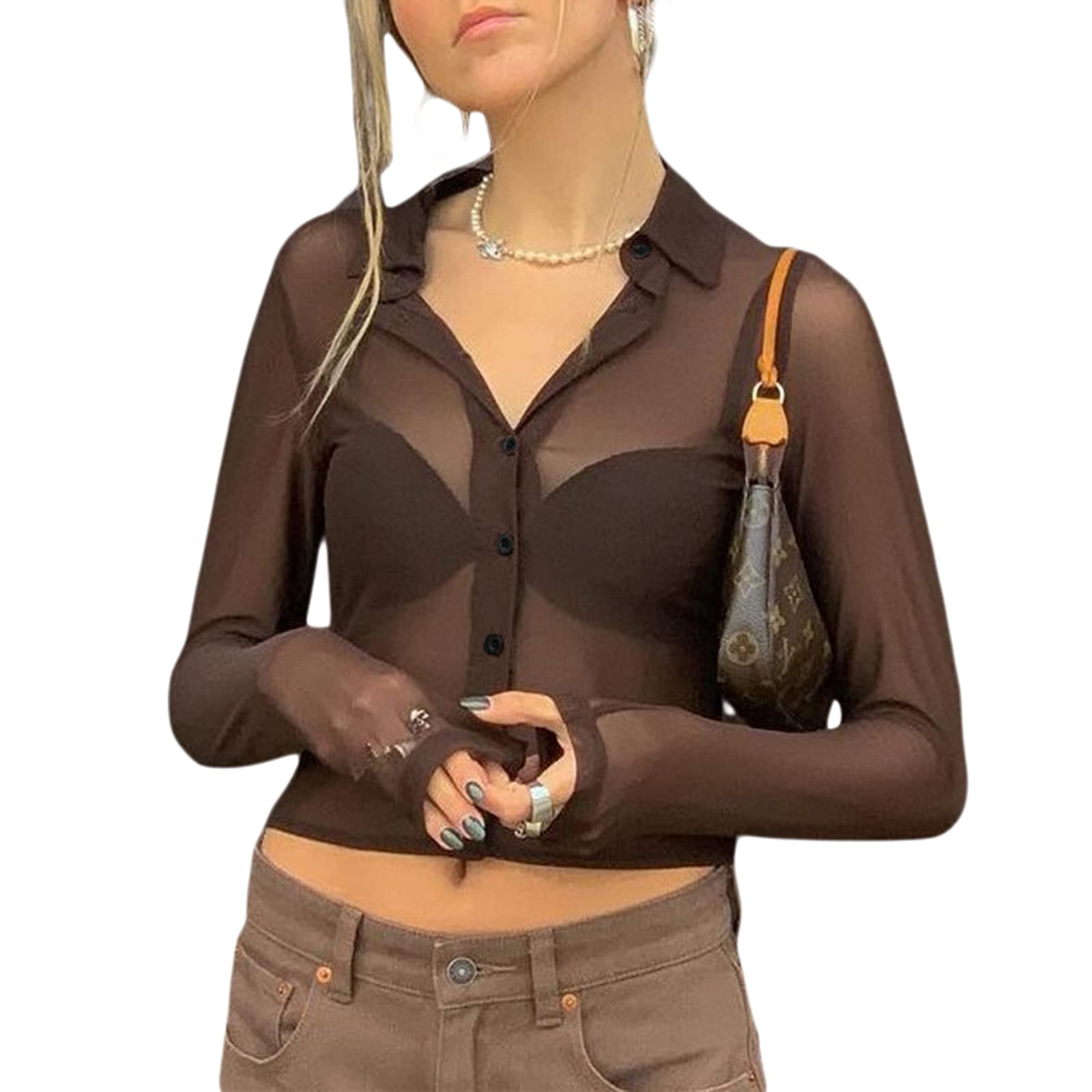 Y2K See-Through Crop Top Shirt - Long Sleeve Collared Button Down Blouse for E-Girl Streetwear | Sexy Fashion Top for Club, Party & Casual Outfits