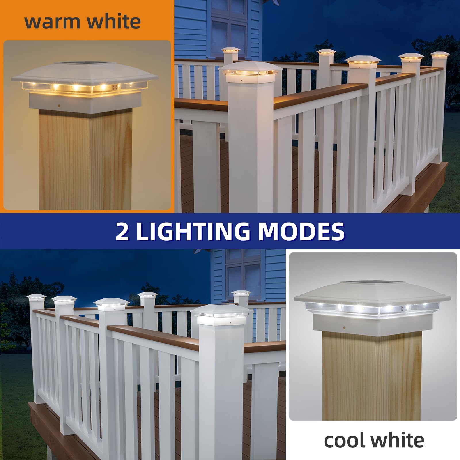 APONUO 12 Pack Solar Post Cap Lights - 2 Modes (Warm/White Light) Waterproof Outdoor Solar Lights for 4x4, 5x5, 6x6 Wood & Vinyl Posts - Solar Powered Garden & Patio Deck Lighting for Pathways, Fences, and Driveways