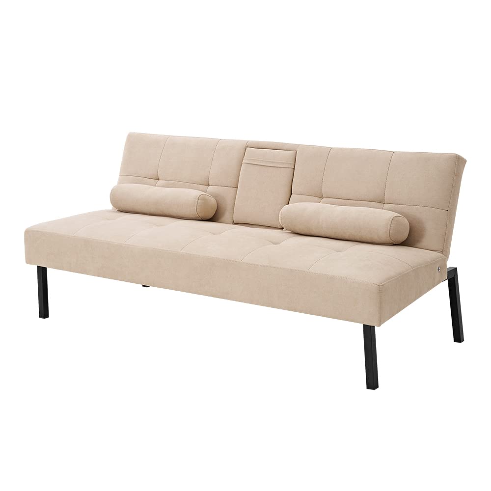 Panana Modern Convertible Futon Sofa Bed - Linen Fabric Upholstered, 5-Angle Adjustable with 2 Cup Holders, Beige | Space-Saving Daybed & Guest Bed for Small Apartments, Dorms & Home Offices