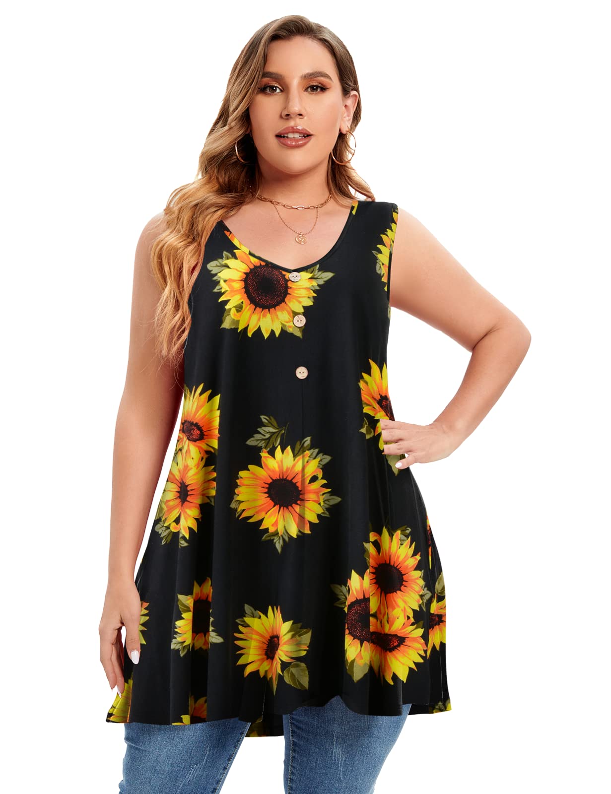 MONNURO Plus Size Women's V Neck Button Down Tank Top - Casual Flowy Sleeveless Summer Tunic Shirt for Beach, Travel & Everyday Wear
