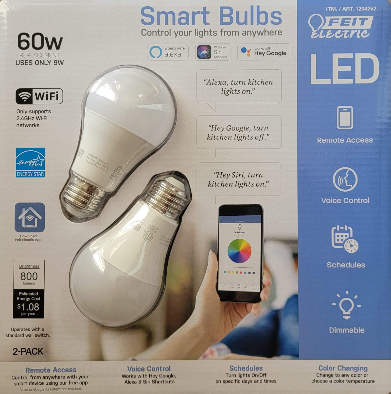Feit Electric Smart Wi-Fi LED Color Changing Dimmable 60W Light Bulbs (2 Pack, White) - Perfect for Home Lighting, Smart Home Automation & Mood Lighting