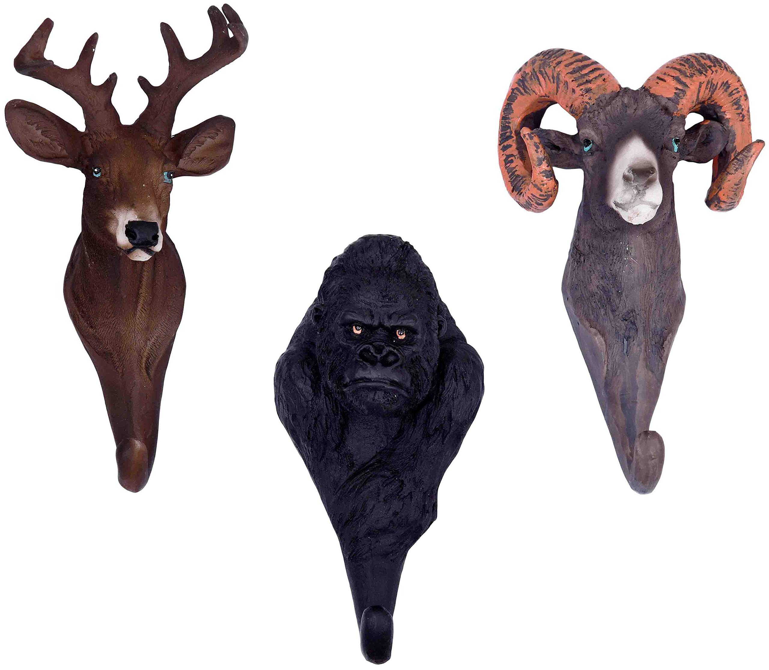 Decorative Animal Resin Wall Coat Hooks Set - Elk, Gorilla & Ram (3-Piece) | Rustic Home Decor for Entryway, Bedroom & Bathroom Organization