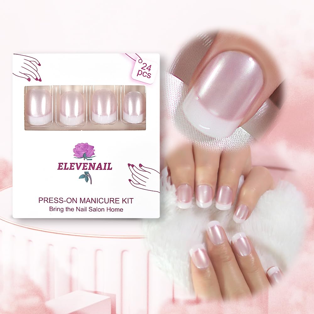 Glossy Pearl Pink & White French Press On Nails - Short Squoval Fake Nails for Women | Reusable Salon Manicure Tips | Perfect for Summer, Weddings & Special Occasions | Nail Art Gift for Women & Girls