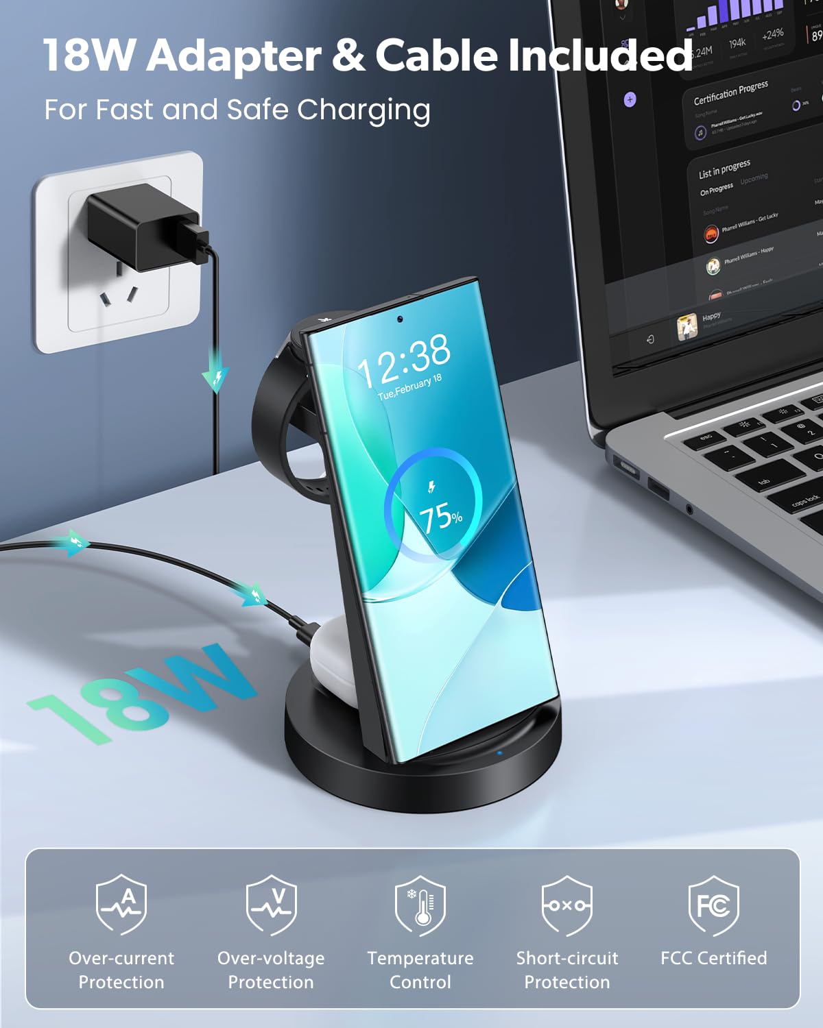 3-in-1 Wireless Charging Station for Samsung Galaxy Watch 7/6/5/4/3/Pro/Classic, Galaxy Buds & S25/S24 Ultra/S23/S22/S21/Note/Z Fold - Fast Qi-Certified Charger Dock Stand for Android Phones | Perfect for Bedside, Office & Travel Charging