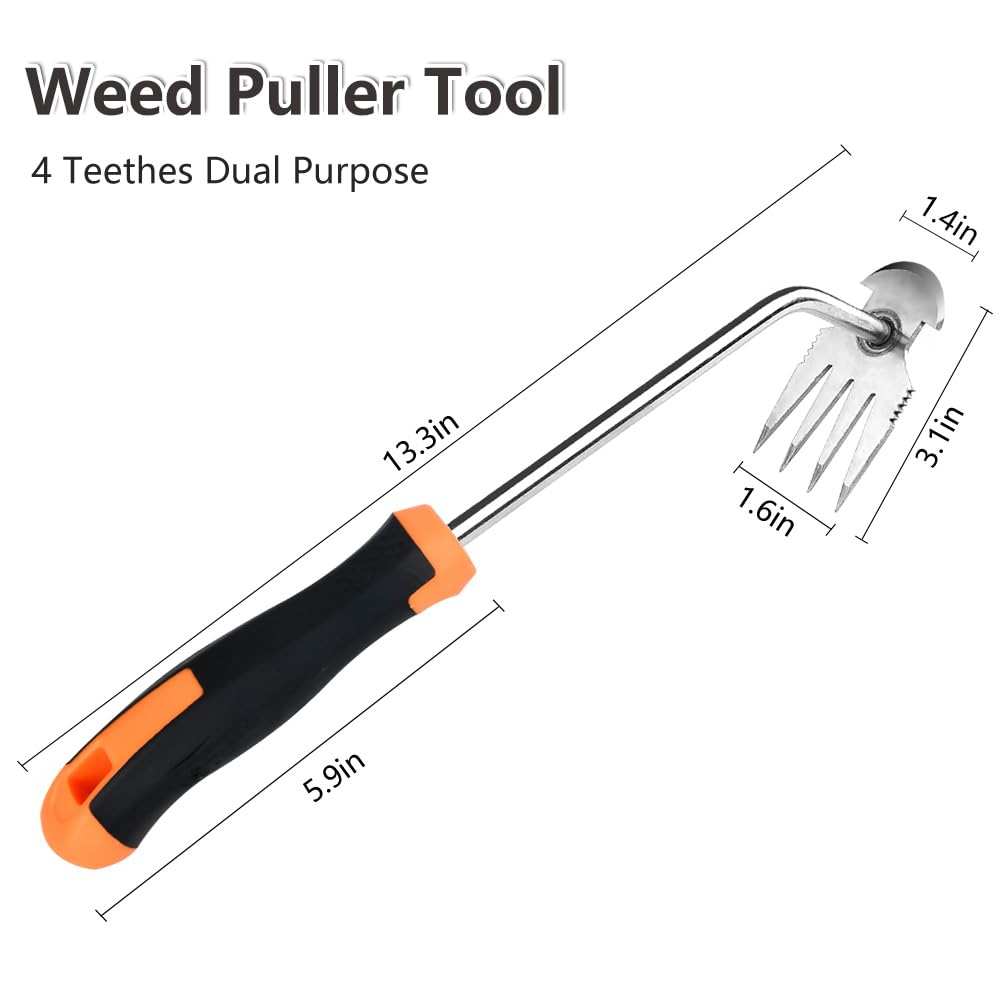 2024 New Stainless Steel Weed Puller Tool - 4 Teeth Dual Purpose Garden Weeder with Rubber Handle | Efficient Hand Weeder for Lawn Care, Flower Beds & Vegetable Gardens | Durable Weeding Tool for Home Gardening & Professional Landscaping