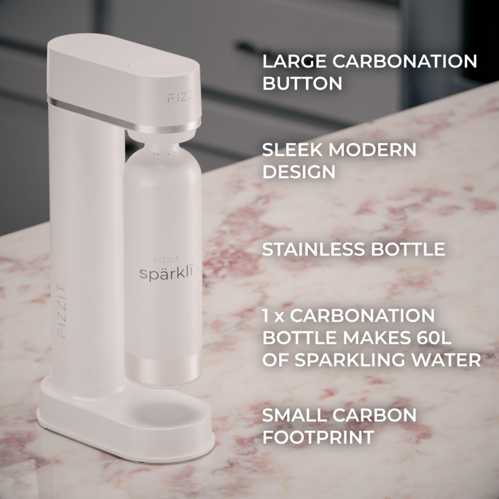 Premium White Stainless Steel Sparkling Water Maker & Soda Machine with CO2 Cylinder - Includes 1L Reusable BPA-Free Bottle for Home Carbonation | Perfect for Healthy Drinks, Cocktails & Party Beverages