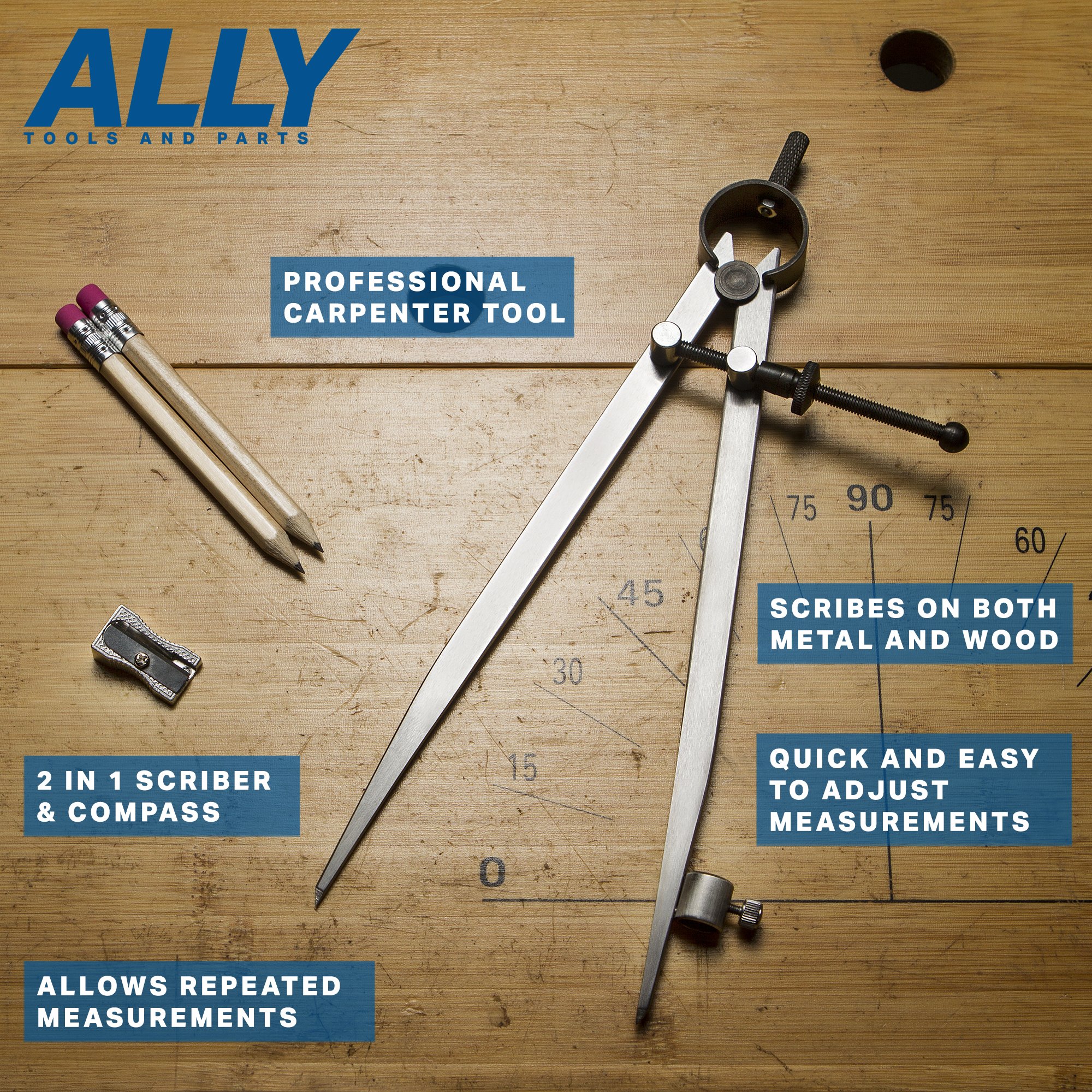ALLY Tools 8 Inch Precision Locking Spring Divider - Woodworking Compass with Pencil Holder, Includes 2 Pencils & Sharpener - Perfect for Drawing, Drafting, Carpentry, Woodworking & DIY Projects