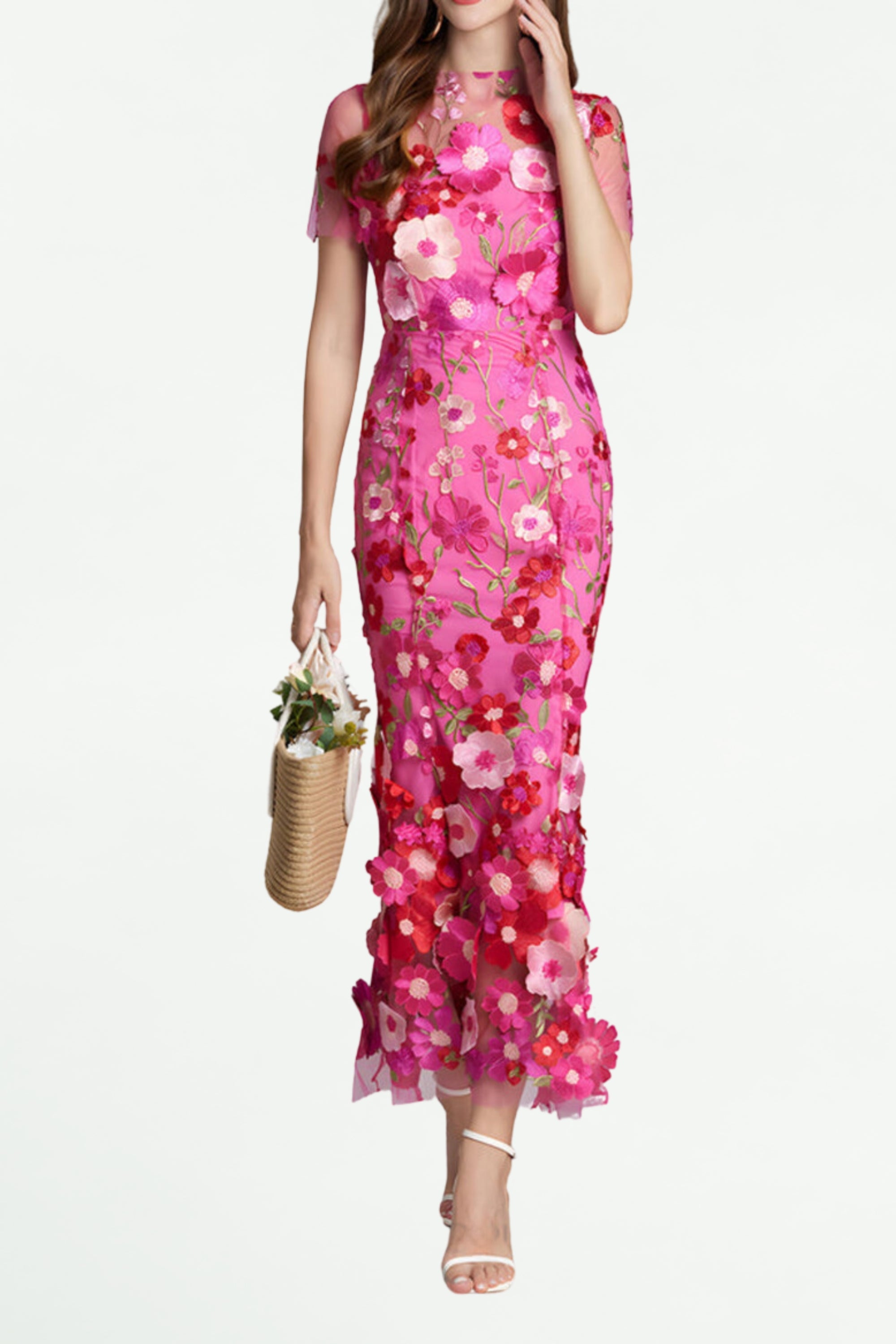 Carol Rose Red Floral Embroidered Mesh Fishtail Midi Dress - Elegant Party & Evening Wear for Women