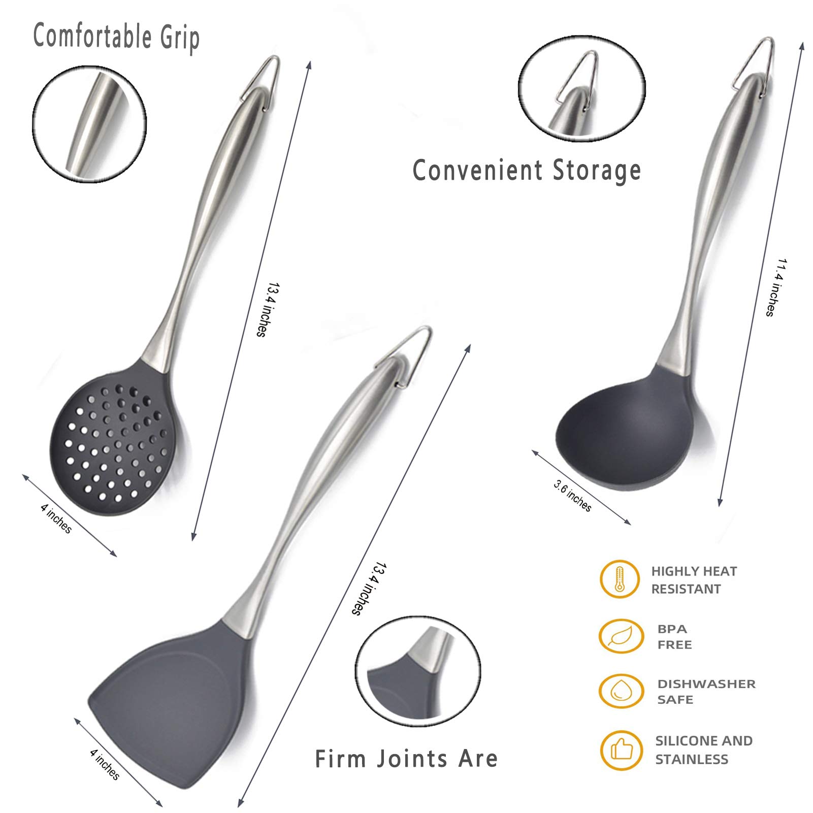 Premium 3-Piece Silicone Kitchen Utensil Set - Heat-Resistant Stainless Steel Handle with Flexible Silicone Head (Wok Spatula, Ladle, Slotted Spoon) - Grey - Perfect for Non-Stick Cookware, Stir-Frying, Serving Soups & Pasta