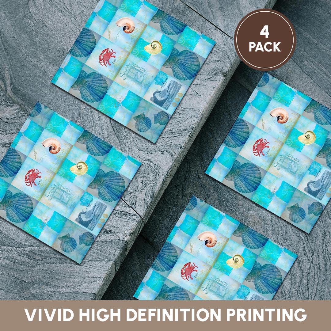 3D Rose Aqua Beach Seashell Collage Art Ceramic Tile Coasters - Set of 4 - Perfect for Home Decor, Kitchen, Dining Table, and Gifts
