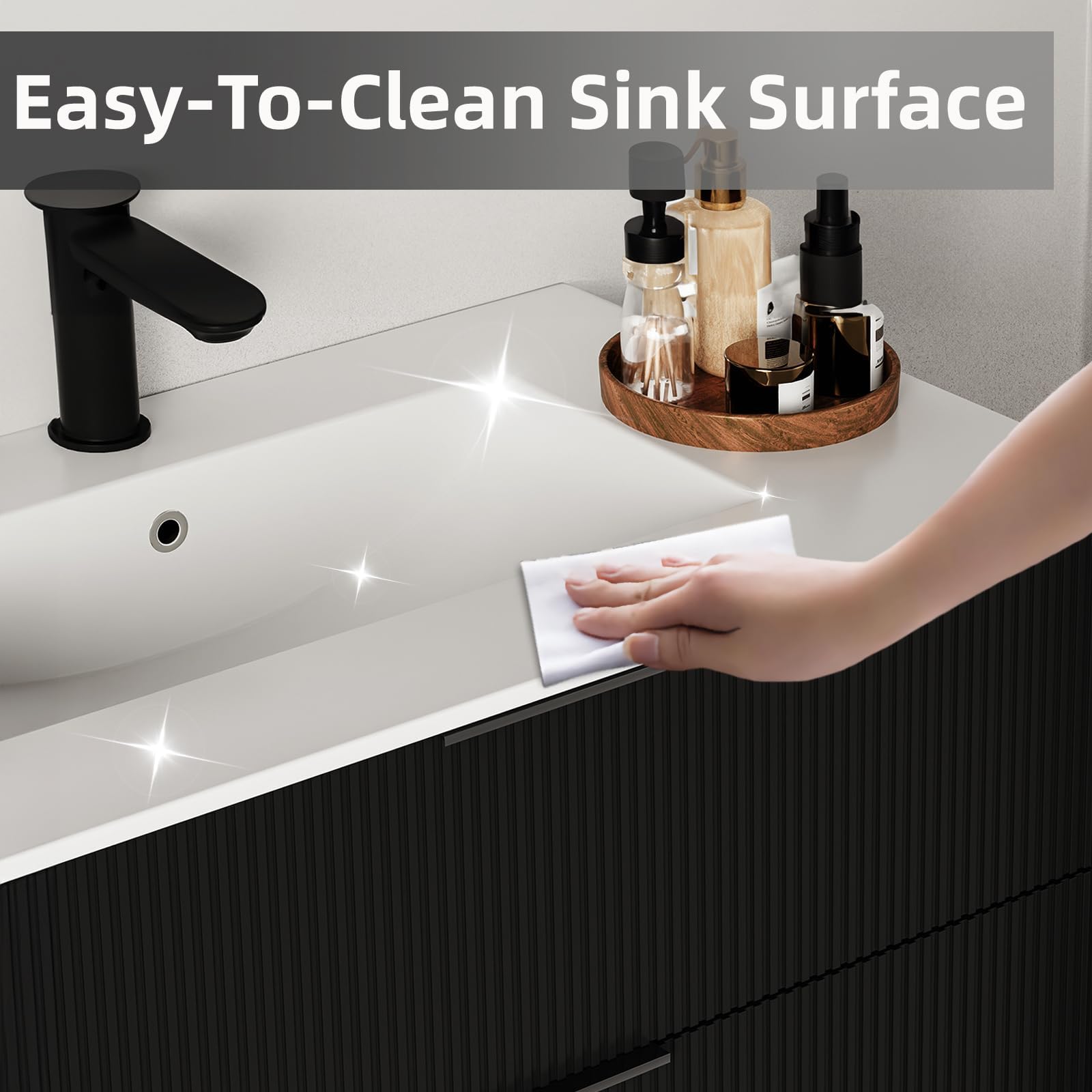 24 Inch Modern Bathroom Vanity with Black Ceramic Sink - Floating Wall Mounted Fluted Design & Storage Drawers - Perfect for Small Bathrooms, Powder Rooms & Contemporary Home Decor
