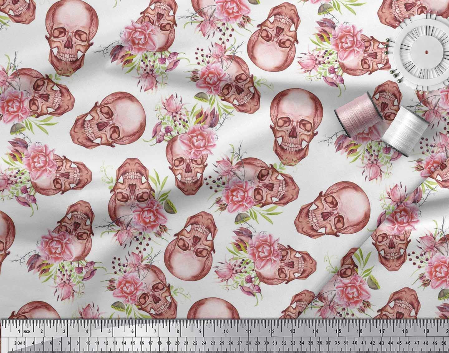 Soimoi Moss Georgette Brown Fabric by The Yard - 42 Inch Wide Skull & Begonia Floral Printed Textile for Edgy Fashion, DIY Crafts, and Home Decor Projects