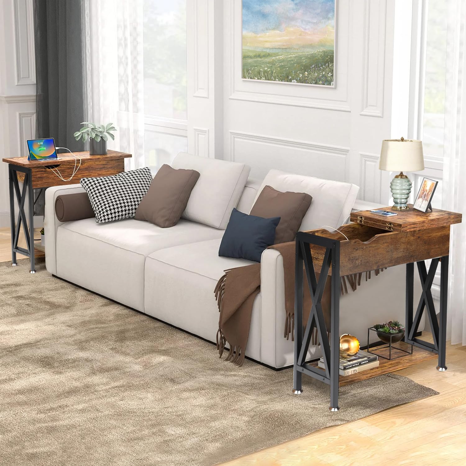 **TooCust Set of 2 Narrow End Tables with Charging Station – 11.2