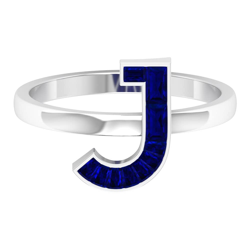 Lab Created Blue Sapphire Alphabet Initial Rings A-Z | 14K White Gold Baguette Letter Rings | Personalized Name Jewelry for Gifts, Engagements & Everyday Wear