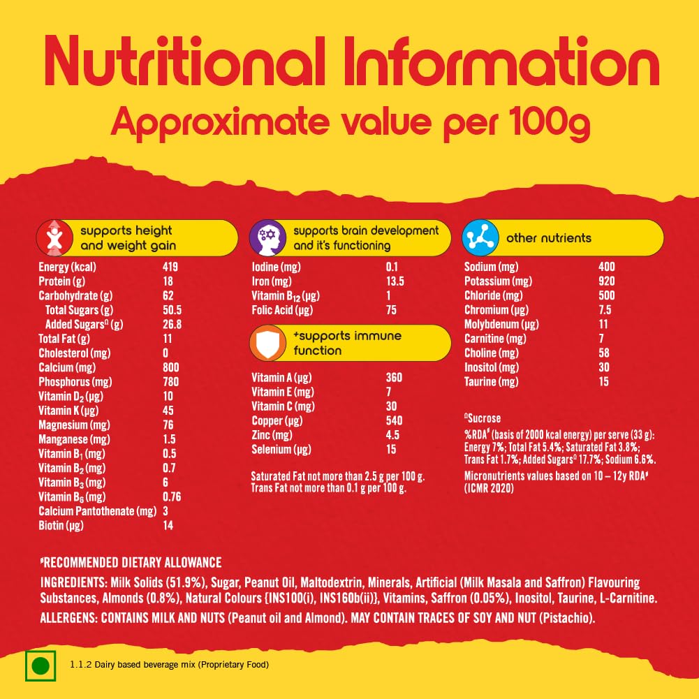 Complan Nutrition Drink Powder for Kids - Kesar Badam Flavor, 500g Carton | Protein-Rich with 34 Essential Nutrients | Ideal for Growing Children's Health & Energy Boosts