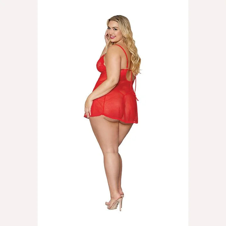 Sexy Lace & Mesh Babydoll & G-String Set in Lipstick Red - Plus Size Lingerie for Women | Romantic Nightwear, Boudoir Photo Shoot, Valentine's Gift