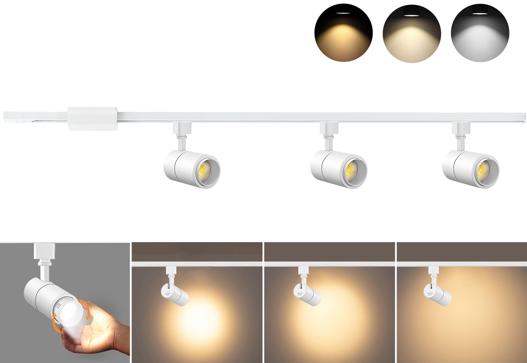 VANoopee 3-Color Adjustable LED Track Lighting Kit - 3 Dimmable Spotlight Heads with 3.3FT H-Type Rail, 10W 1000lm Modern Ceiling Light for Kitchen, Living Room & Retail Stores | Warm/Cool/Daylight White