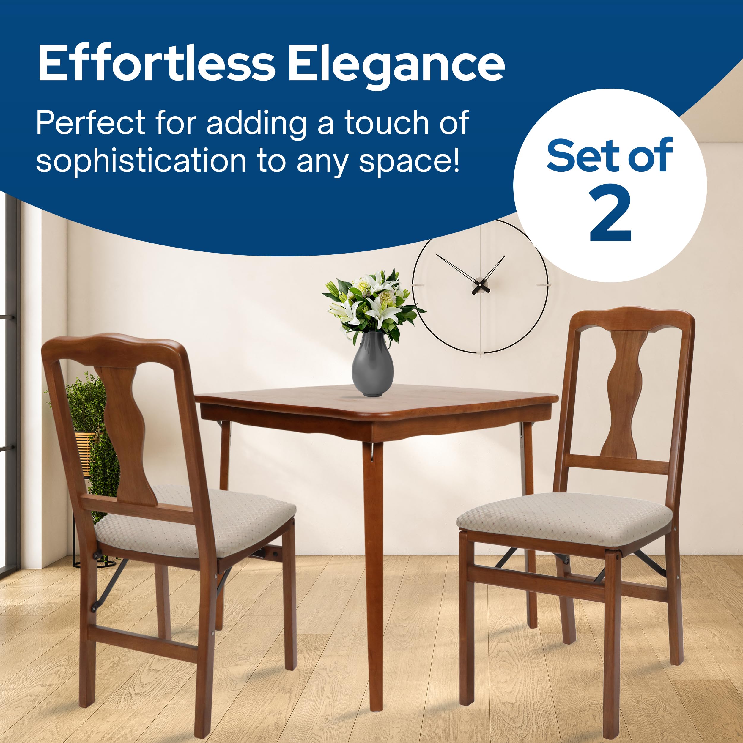Stakmore Queen Anne Folding Chairs Set of 2 - Fruitwood Finish - Space Saving Dining Chairs for Small Spaces, Kitchen, Banquet & Extra Seating