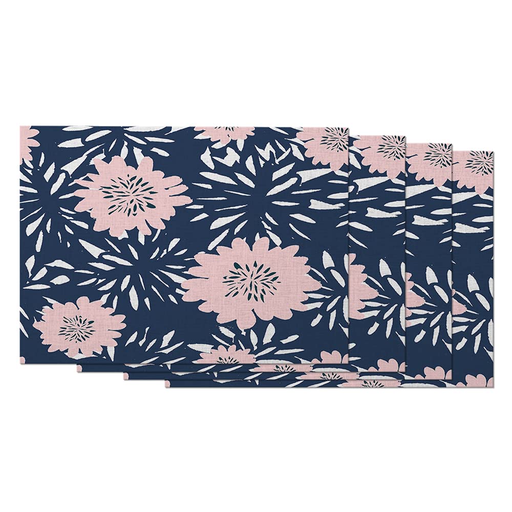 AOYEGO Set of 4 Blue and Pastel Pink Floral Placemats - Modern Doodle Brush Design Cotton Linen Table Mats (12x18 Inch) for Dining Table, Kitchen, and Home Decor - Perfect for Parties, Daily Meals, and Indoor Picnics