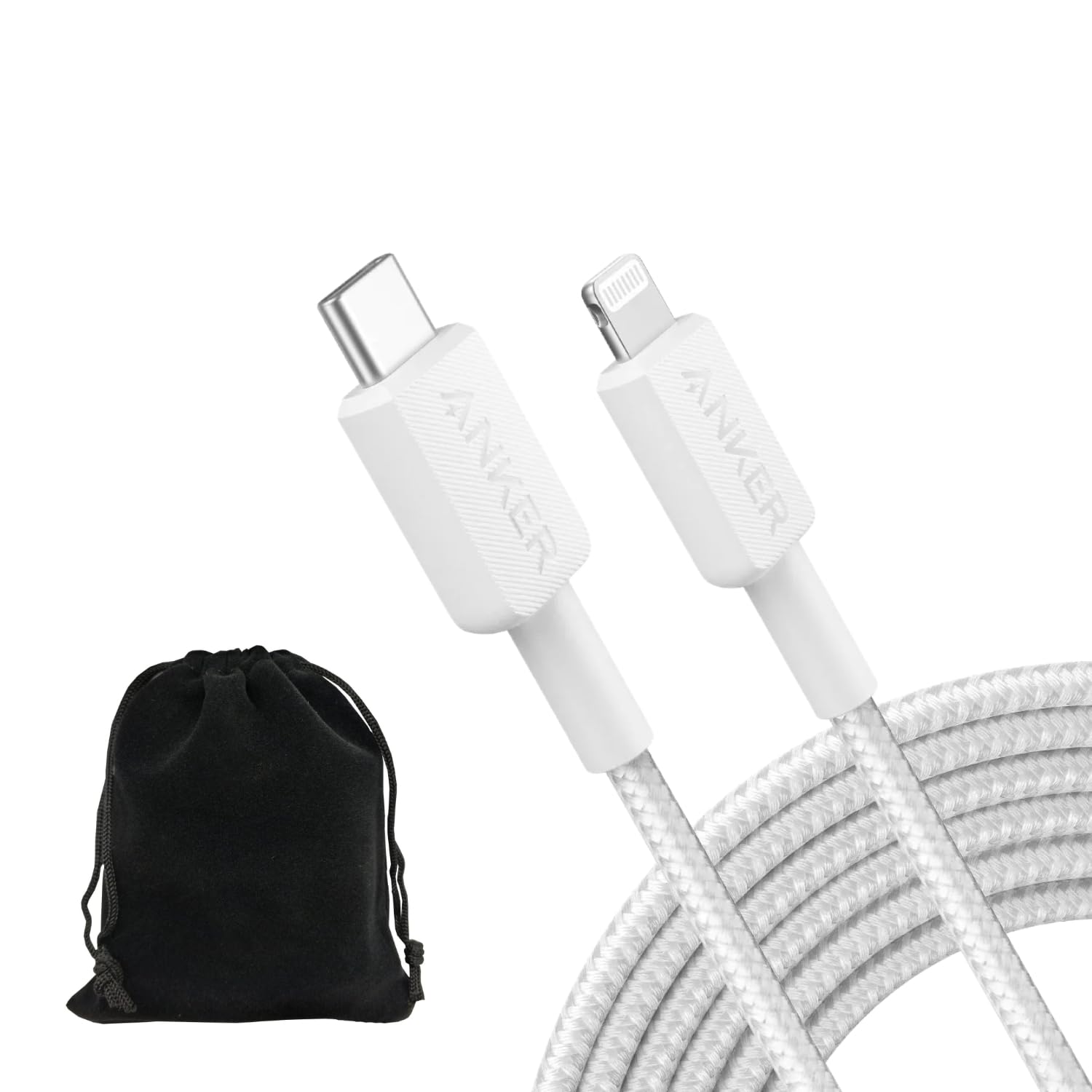Anker 10ft Braided Lightning to USB-C Fast Charging Cable - Durable Nylon, Compatible with iPhone 14/13/12/11/X/8, iPad & Lightning Devices - White with Travel Pouch - Perfect for Home, Office & Travel Charging