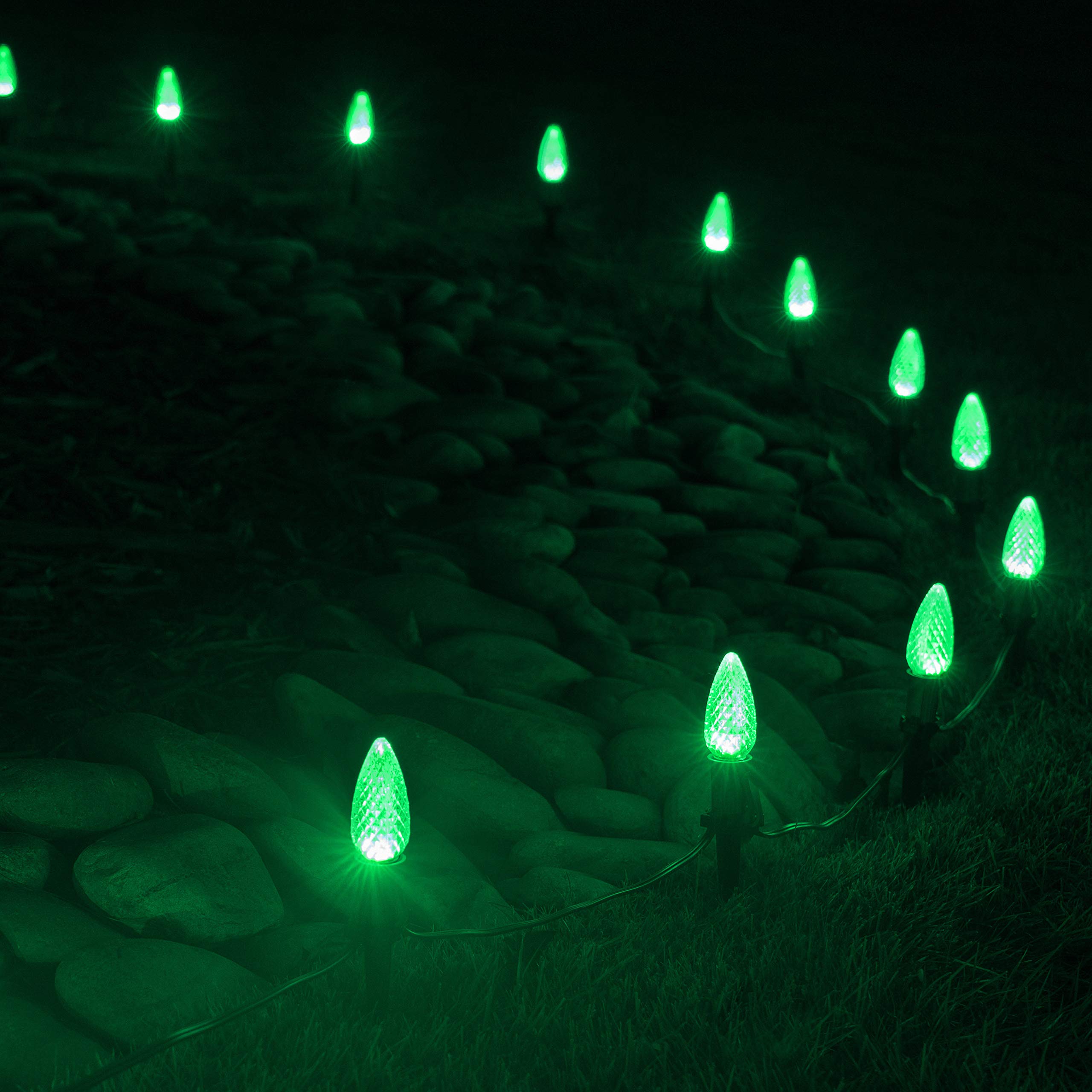 Wintergreen Lighting 100ft OptiCore LED Green Christmas Pathway Lights - C9 Outdoor Holiday String Lights with 4.5